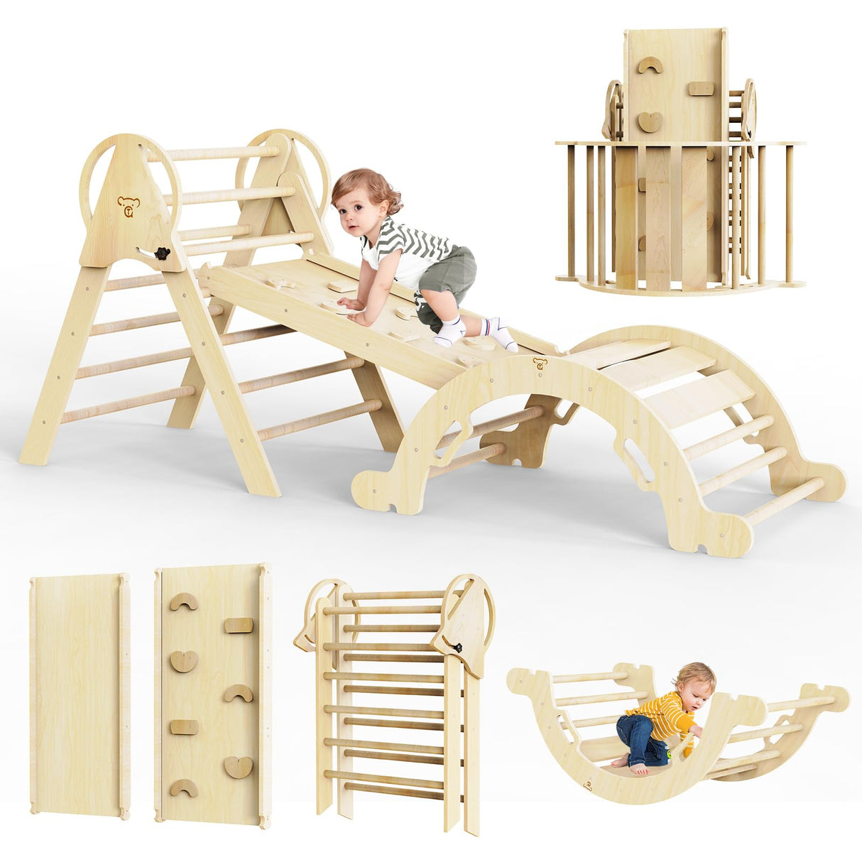 Doerpuz Pikler Triangle Set 7 in 1,Foldable Baby Climbing Toys Wooden,Toddler Climbing Toys Indoor,Climbing Toys for Toddlers 1-3,with Ramp, Arch and Ladder(Nature Wood) Doerpuz