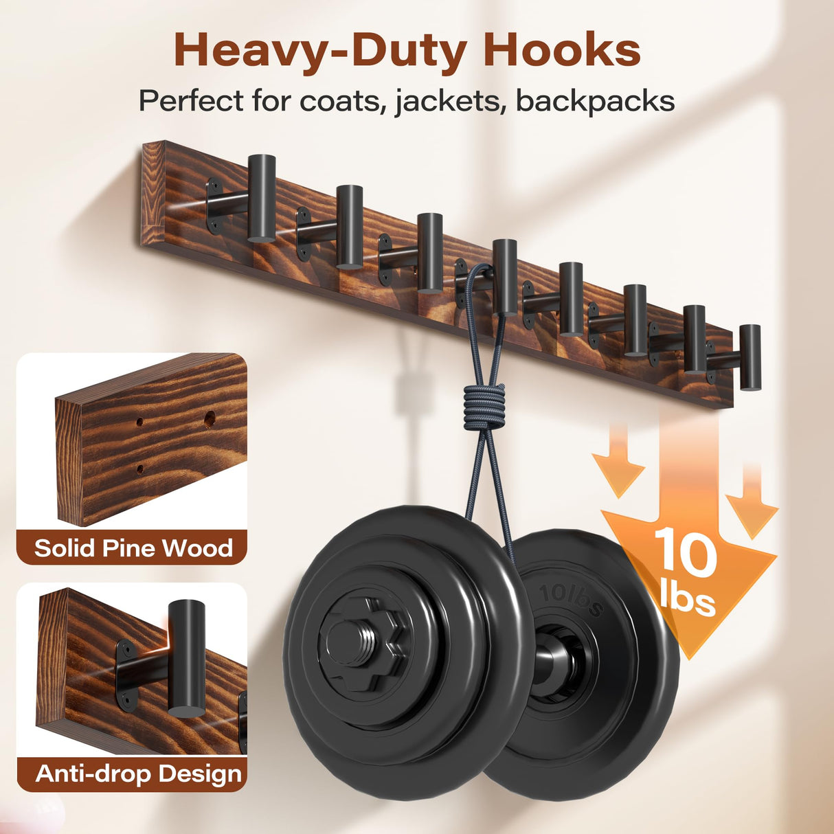 Orapoke Coat Rack Wall Mount 32.3", 2 Pack Rustic Coat Hanger with 8 Black Metal Heavy Duty T Shaped Hooks, Pine Soild Wood Large Coat Hooks Wall Mounted for Entryway, Living Room, Bathroom Orapoke