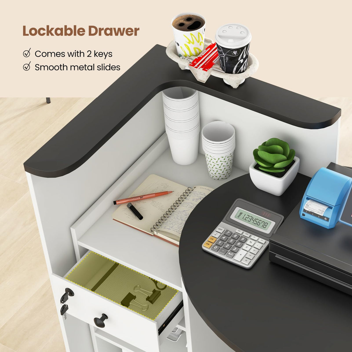 IFANNY Reception Desk, 48’’ Retail Counter w/Lockable Drawer & Storage Shelf, L-Shaped Reception Table, Wooden Computer Desk for Salon, Restaurant, Office (Black & White) IFANNY