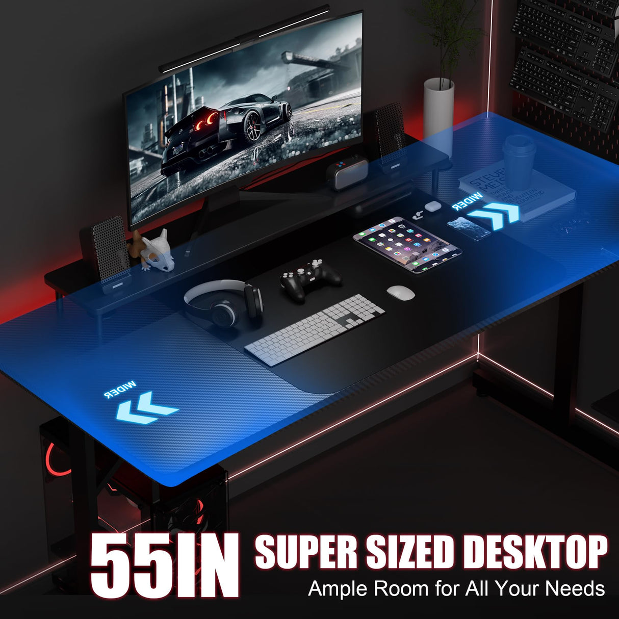 GTRACING Gaming Desk 55 Inch with LED Lights, Large Computer Desk with Mouse Pad for Home Office, T-Shaped Carbon Fibre Surface PC Game Workstations with Headphone Hook, Black GTRACING