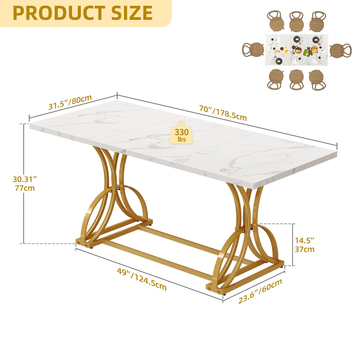 DWVO 70.3" Large Modern Dining Table for 6-8 People Rectangular White Kitchen Dining Room Table with Faux Marble Tabletop and Gold Geometric Metal Legs Farmhouse Wood Dinner Tables, White and Gold DWVO