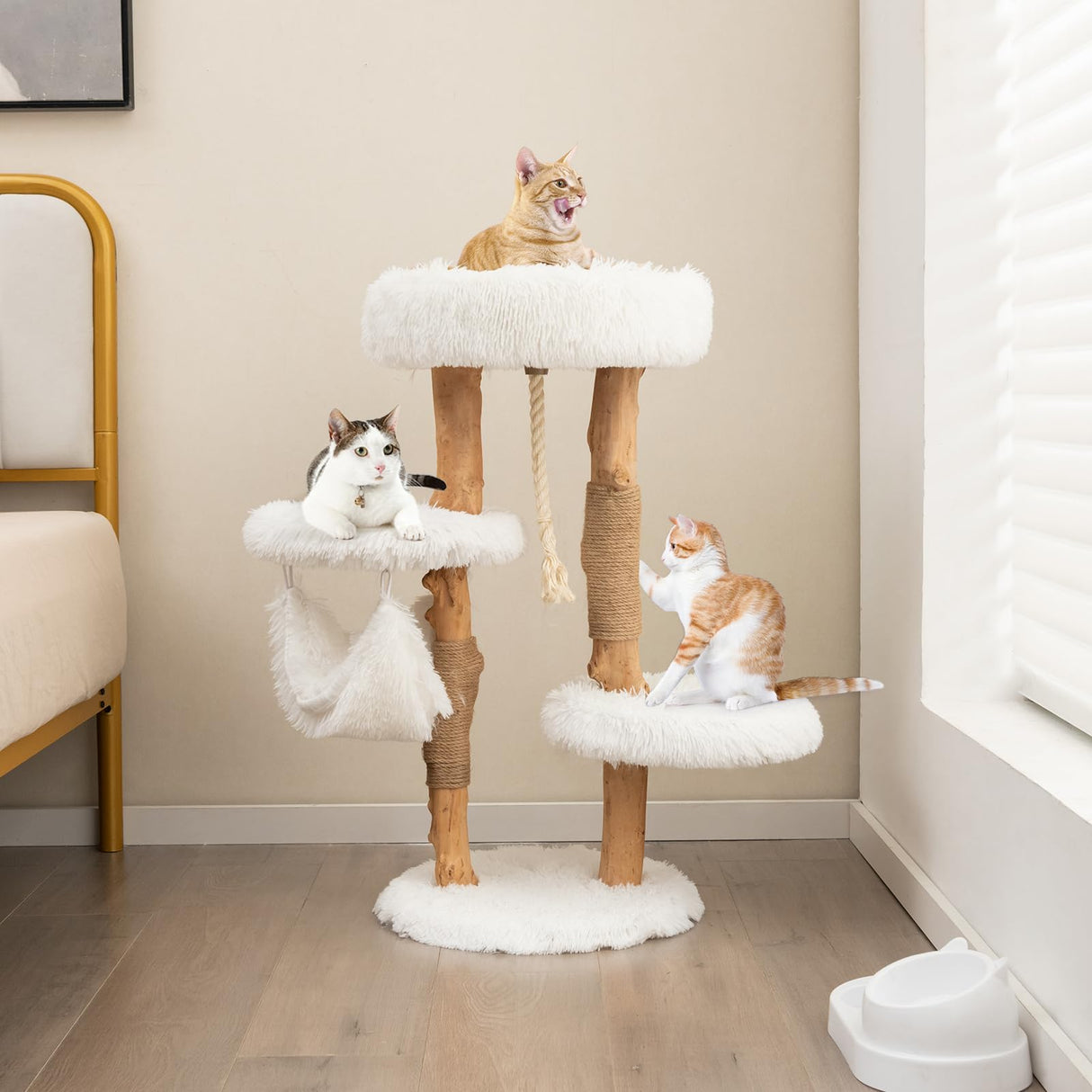 Tangkula Cat Tree Tower, Solid Wood Modern Cat Tower with Cozy Top Perch, 2 Platforms & 1 Hammock, Natural Branch Cute Cat Tree with Scratching Posts & Sisal Rope for Indoor Cats Tangkula
