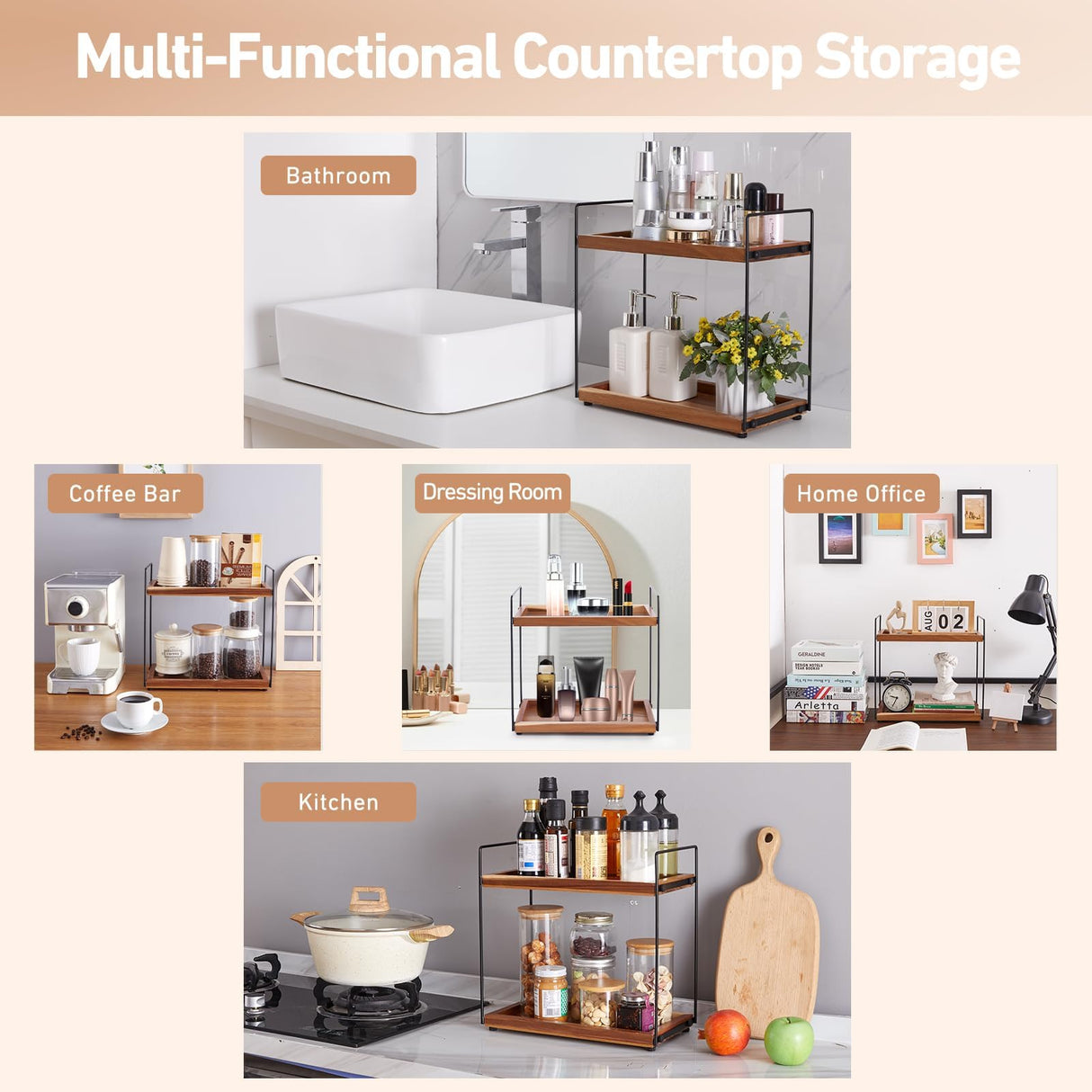 Bathroom Counter Organizer Countertop Storage - 2 Tier Bathroom Countertop Organizers Coffee Bar Organization Acacia Wood Counter Top Organizer Kitchen Spice Rack Vanity Shelf Toilet Vanity Organizers NICEPRING