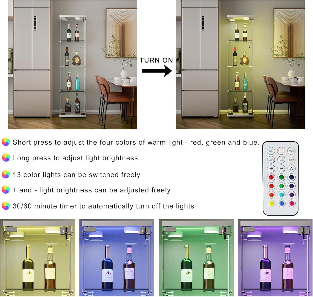 Goujxcy 64" Curio Cabinet, 4 Shelves Glass Display Cabinet with LED Lights, Glass Storage Cabinet with Door, Collectibles Toy Organizers Rack, Display Shelf, Kids Bookcase for Playroom, Bedroom, White Goujxcy