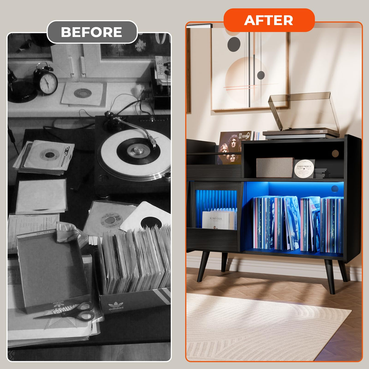 Large Record Player Stand with Sliding Door,350 Vinyl Record Storage Cabinet, Record Player Table with Power Outlet and LED Light,Turntable Stand with Wood Legs for Living Room,Bedroom,Office MULEJYBO