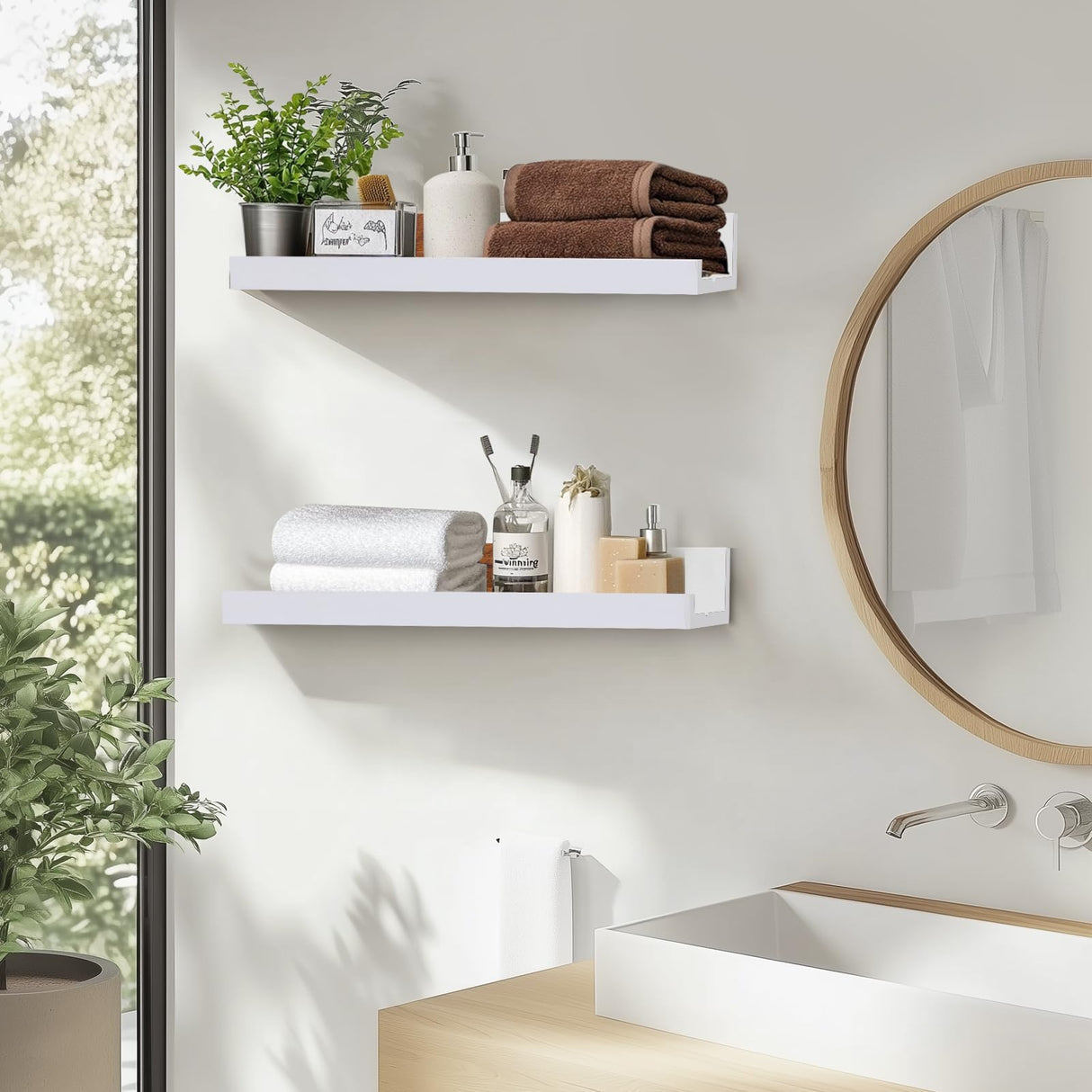 Muzilife 12" Small Floating Wall Ledge Shelves with Lip - Set of 2 Wood Floating Shelves - White Wall Mounted Picture Ledge for Office, Bathroom, Bedroom, Living Room, Kitchen Muzilife