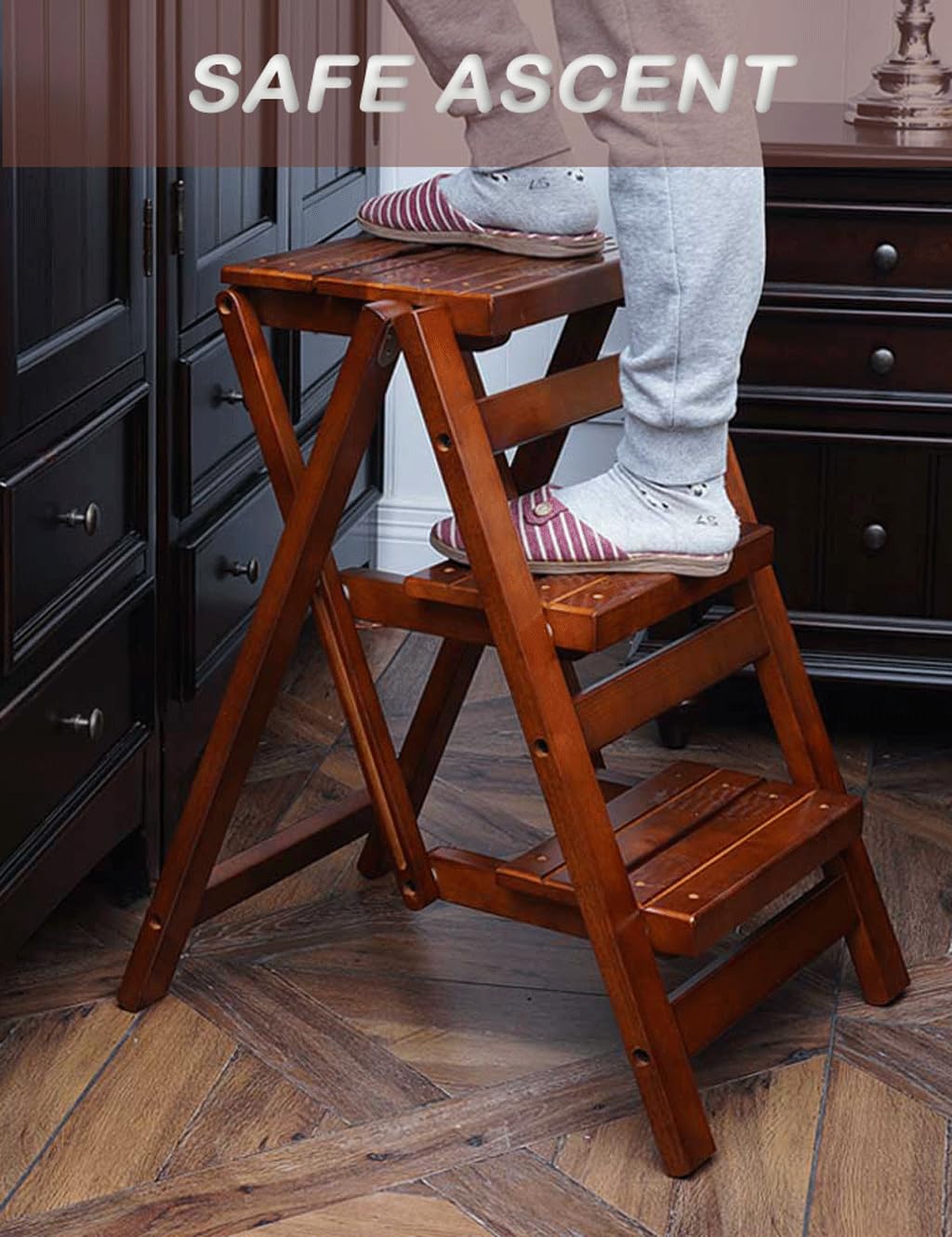 Bidesen 3 Step Stool Wooden Folding Ladder Chair Thickened Library Stair Chair Portable Light Garden Tool Ladder Maximum Load 337bl Bidesen