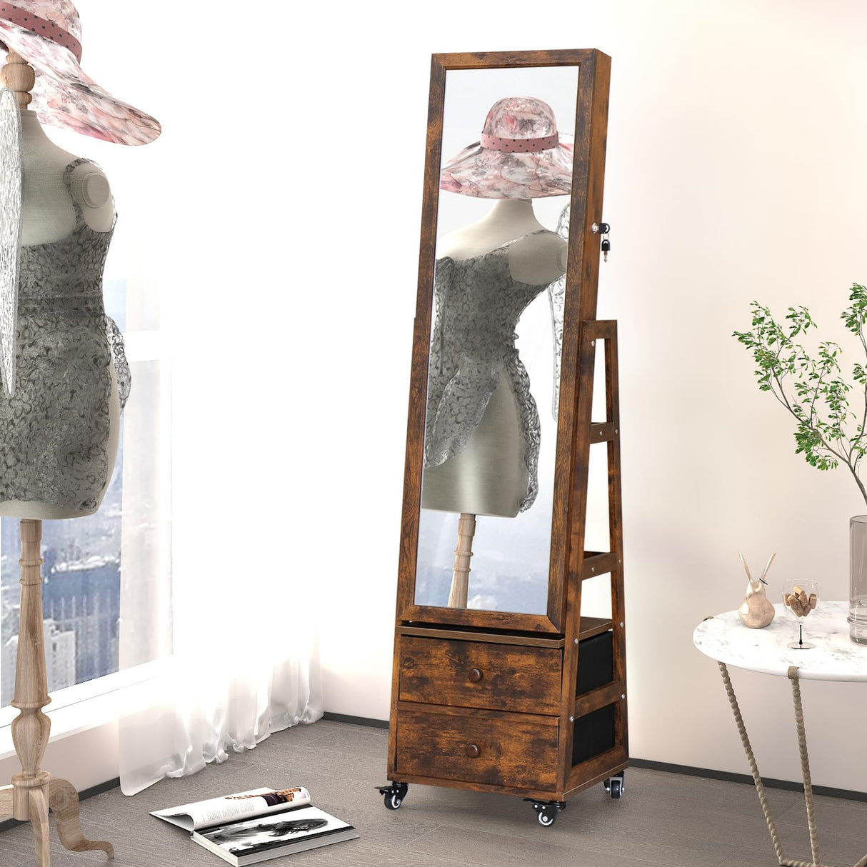 MASMIRE Rotating Jewelry Cabinet with Vanity Mirror,Full Length Mirror with Storage Mirror Jewelry Armoire Standing with LED Lights Lockable Jewelry Organizer Wheels Rustic Brown MASMIRE