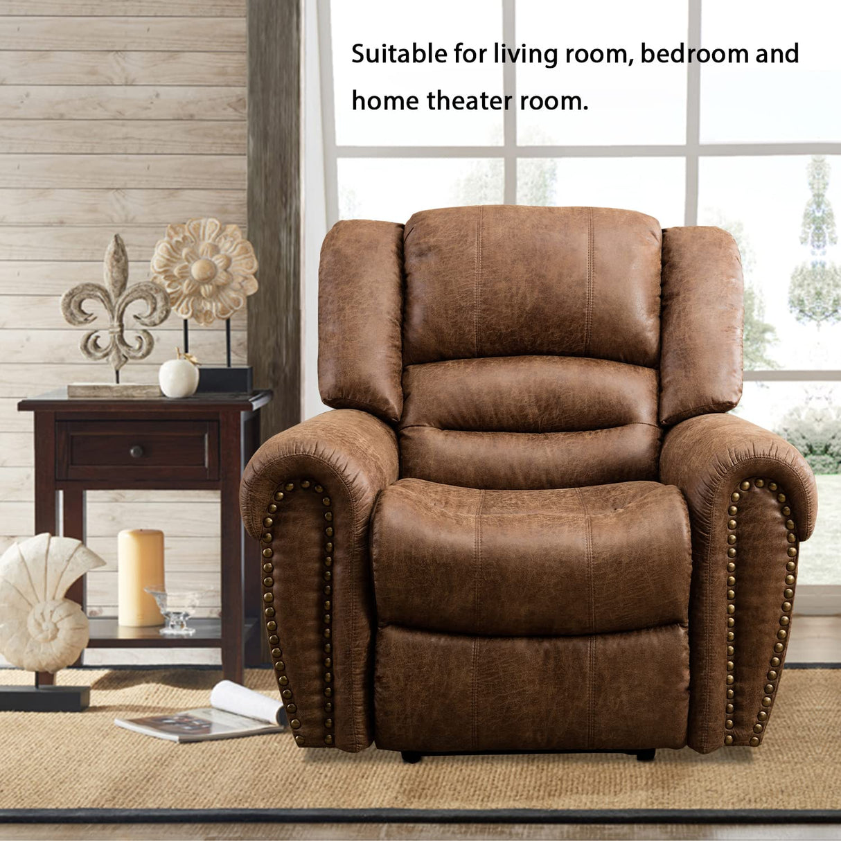 INZOY Leather Recliner Chair, Heavy Duty Manual Reclining Sofa Single Lounge Sofa for Living Room, Home Theater Seating, Light Brown INZOY