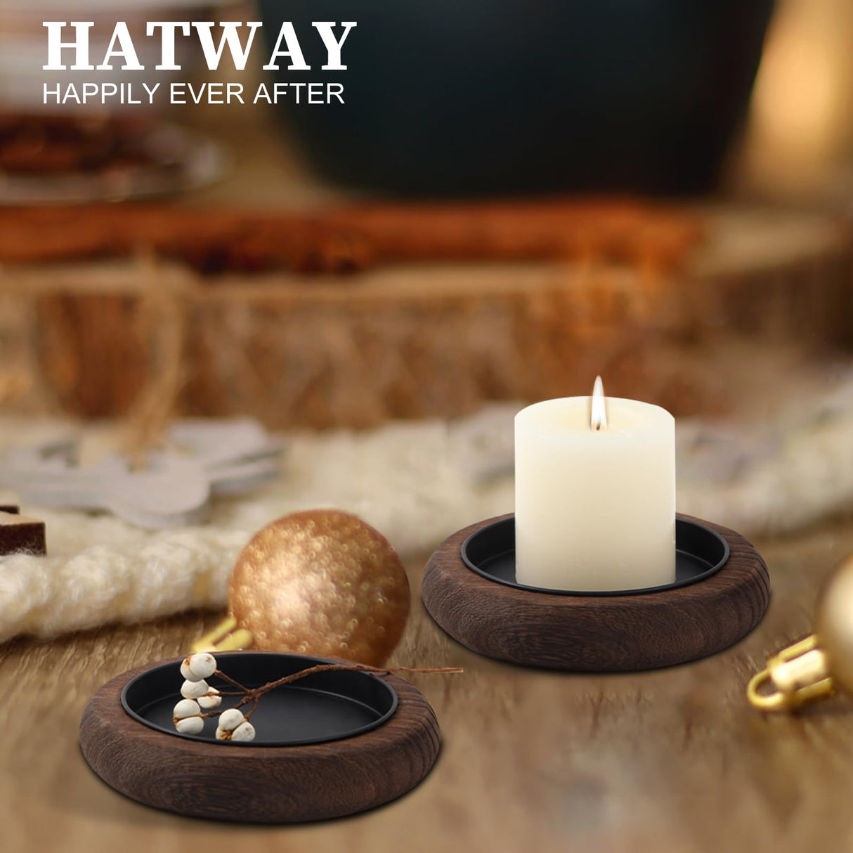 Hatway Wood Candle Holder Farmhouse Decor Wooden Pillar Candles Tray for Table Centerpiece Small Decorative Tray Riser Round Wooden Plate Pedestal Stand for Coffee Table for Christmas Decor Mu-2 Hatway