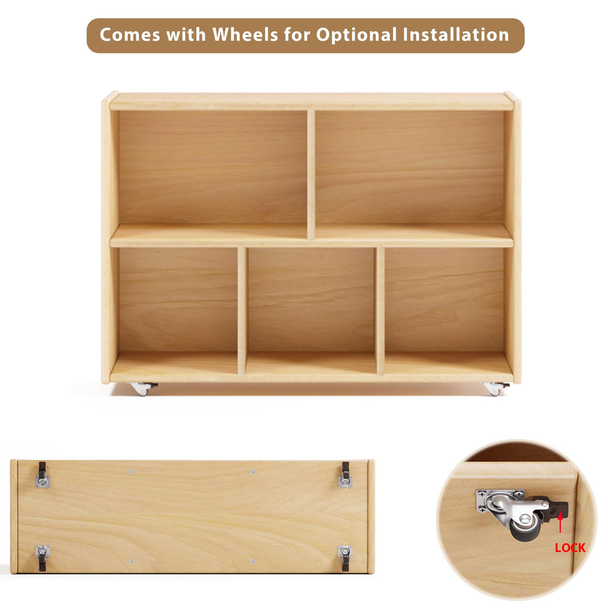 ERUGI 2-Tier Solid Wood Toy Organizer with 5 Compartments and Wheels for Kids Rooms & Playrooms ERUGI