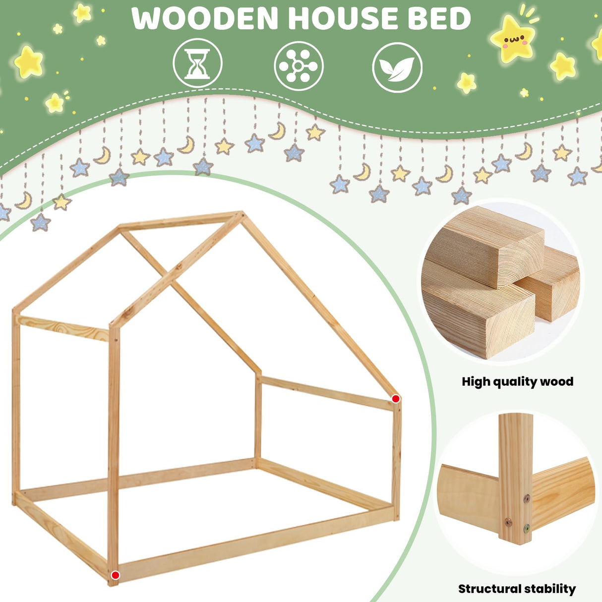 Merax Kids Twin Bed Frame with Rooftop, Montessori Wooden House Design, Sturdy and Easy to Assemble Merax