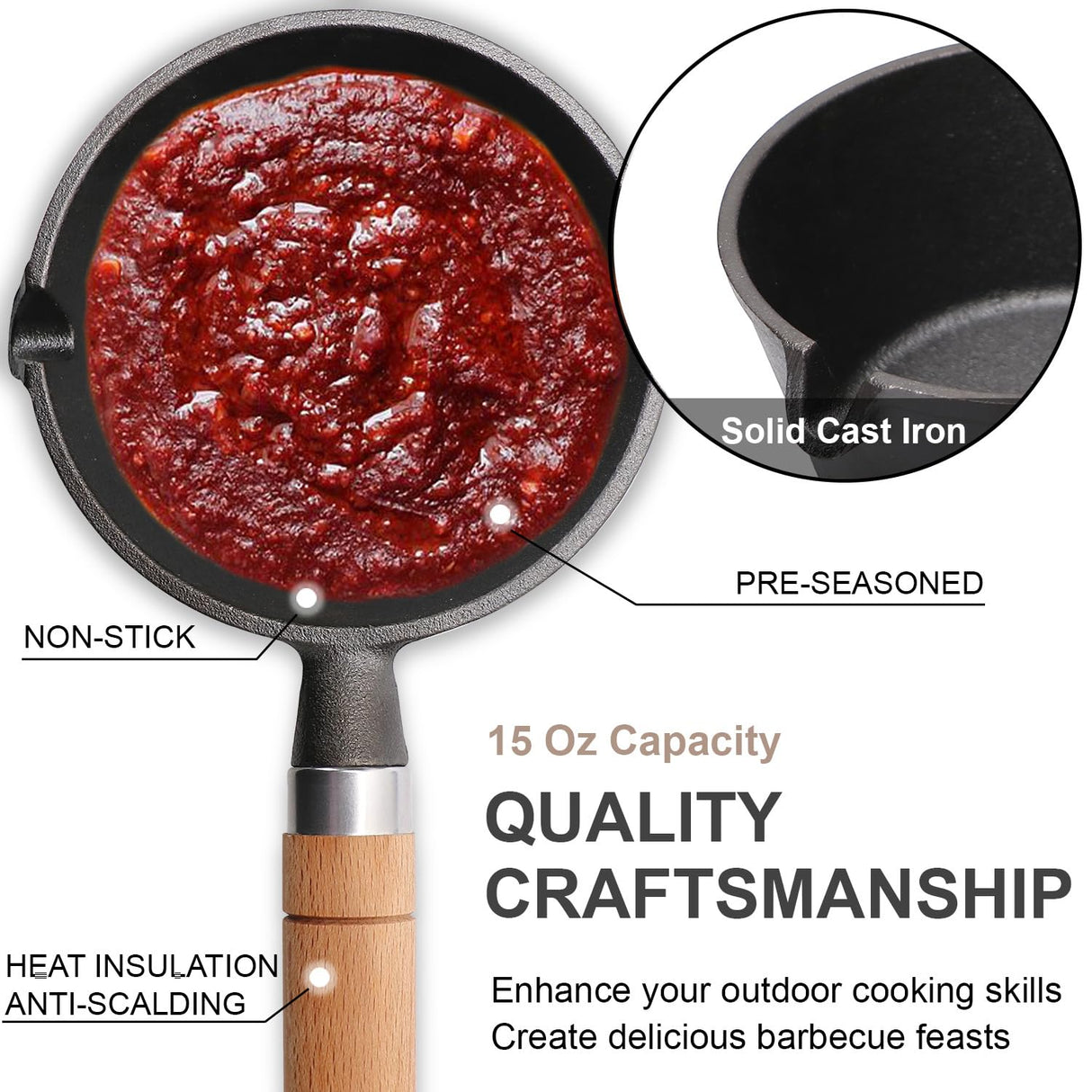 Svailse Cast Iron Basting Pot and Stainless Steel BBQ Brush, Cast Iron Melting Pot with Wooden Handle for Meat Smoker, Grill and Stove, BBQ Basting Set, Mini Cast Iron Bowl for Sauces, 15 Oz Svailse