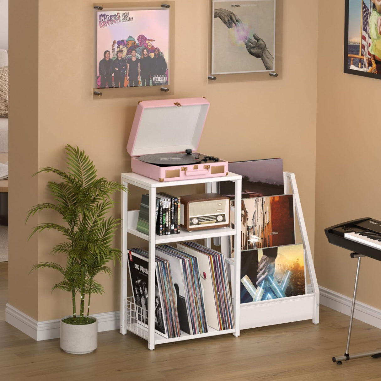 LELELINKY Record Player Table,Turntable Shelf with Vinyl Storage Up to 150 Albums,White Side Table with 3 Tier Magazine Periodical Book Rack,Wide Metal Record Holder Cabinet for Room Office LELELINKY