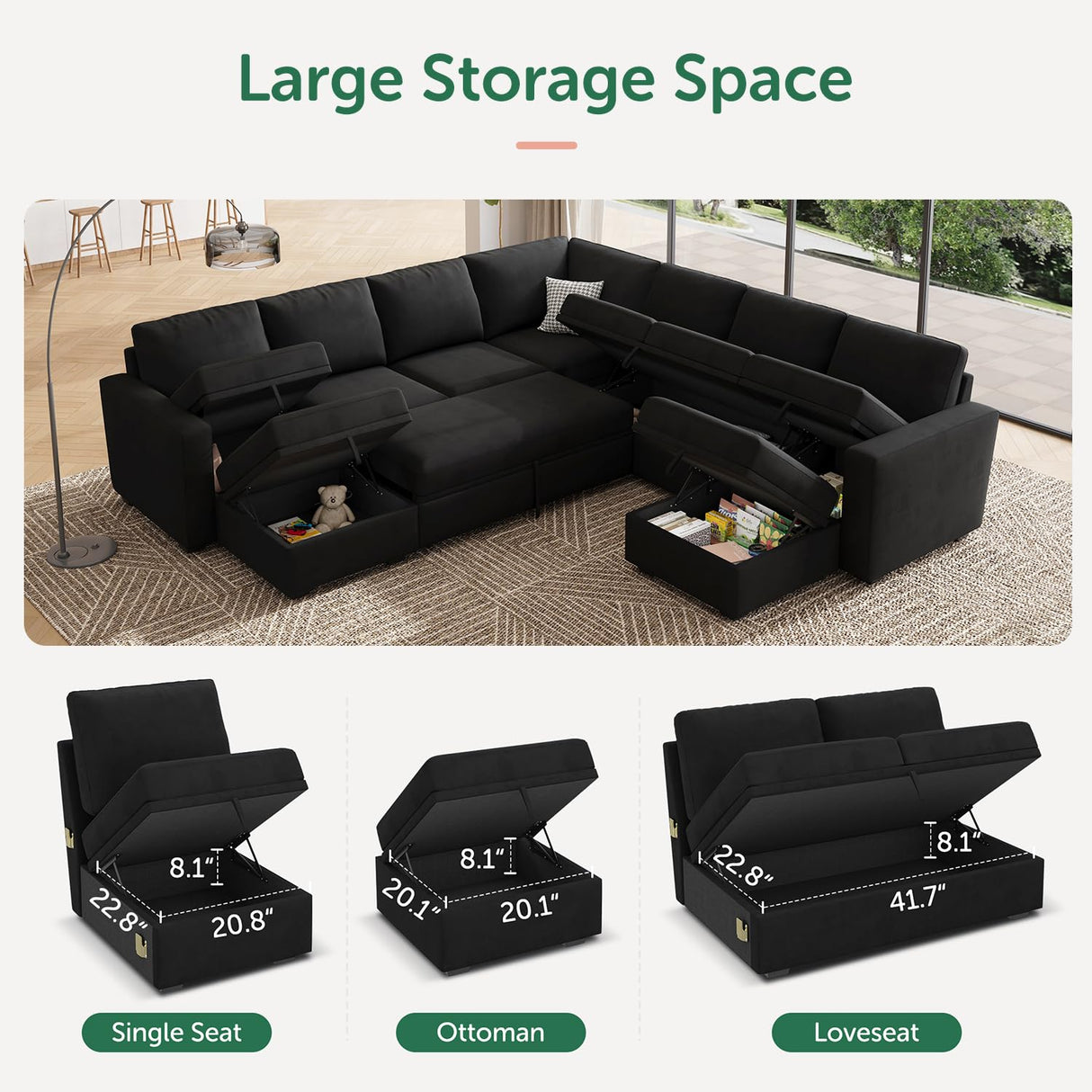 HONBAY Modular Sectional Sleeper Sofa with Pull Out Couch, Oversized U Shaped Sleeper Pull Out Bed with Storage Sectional Couches for Living Room - Black HONBAY