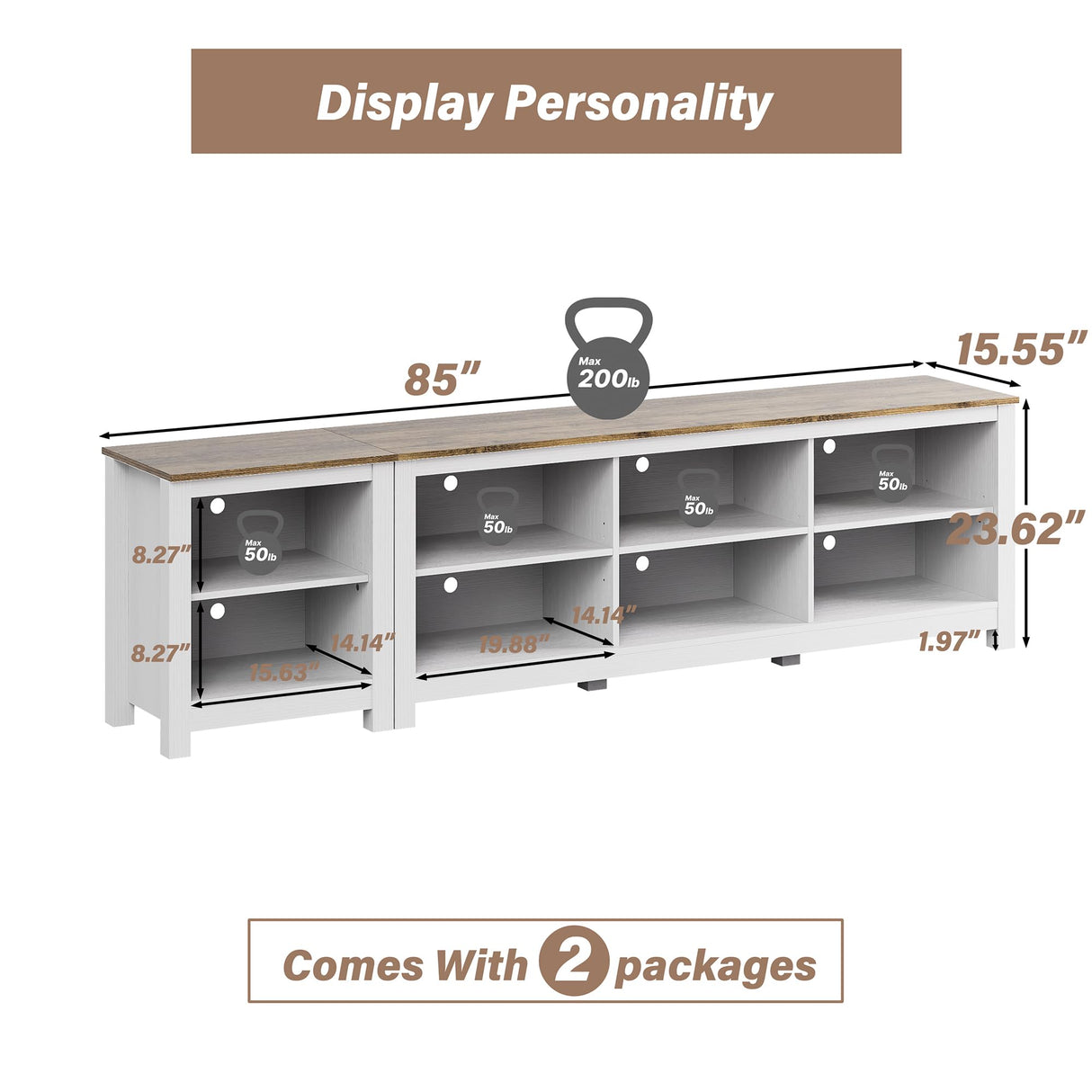 BVIUNTWO TV Stand for 85 Inch TV, White Entertainment Center for 80 inch TV Console Table with 8 Cubby Storage for Living Room Bedroom BVIUNTWO