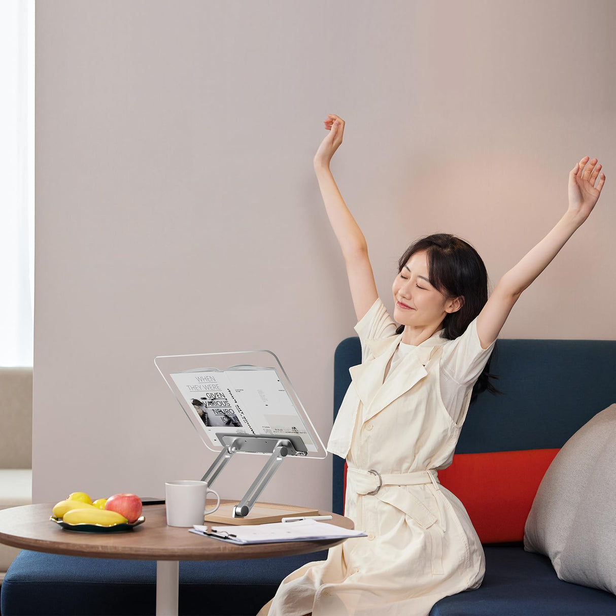 Adjustable Acrylic Book Stand for Reading, Book Holder with Pen Slot, Foldable Desktop Riser for Laptop, Recipe, Textbook - Hands-Free,Cookbook Stand, Clear Design with Page Clips UPERGO