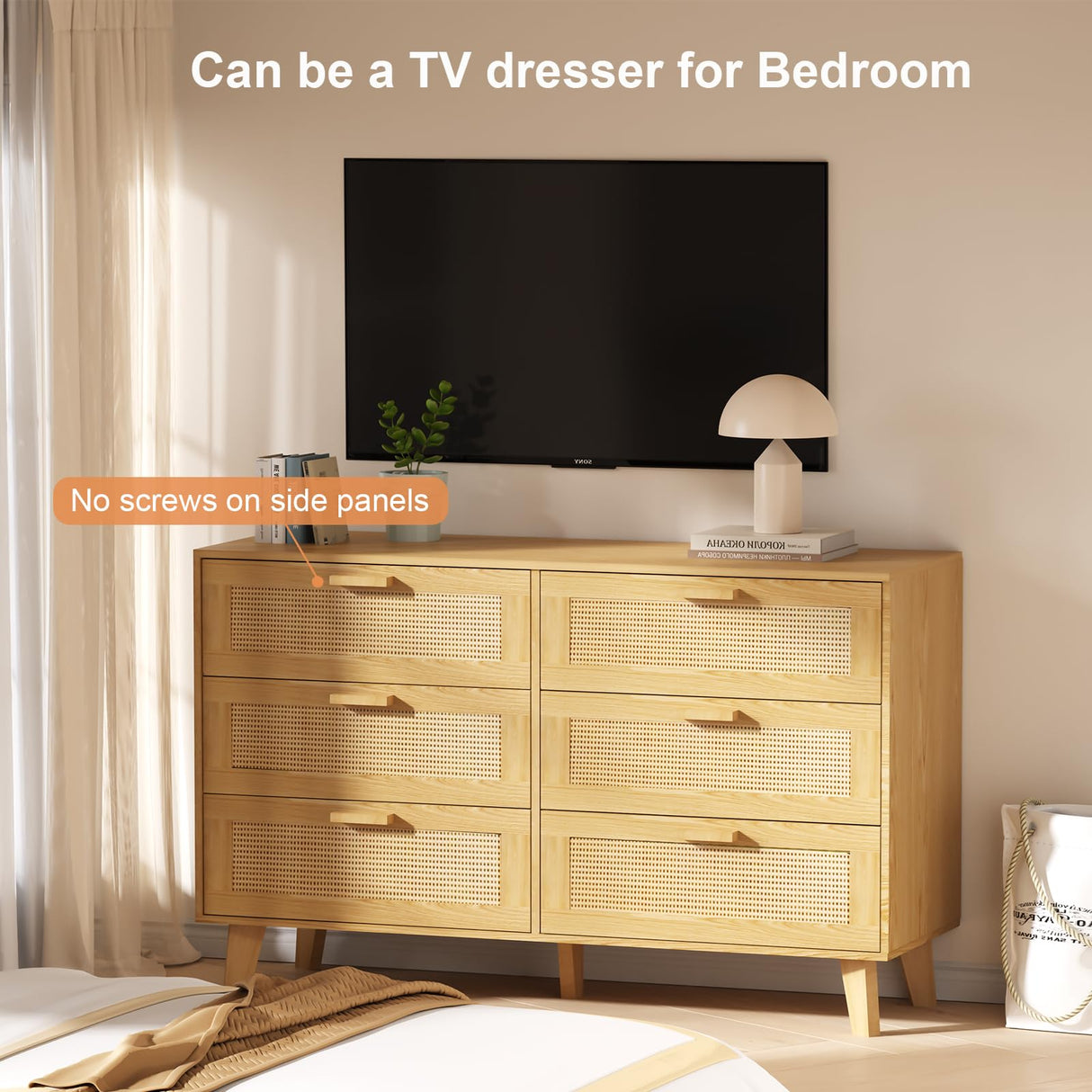 XDliv Rattan Dresser, 6-Drawer Double Dresser Rattan Storage Chest Unit for Bedroom XDliv