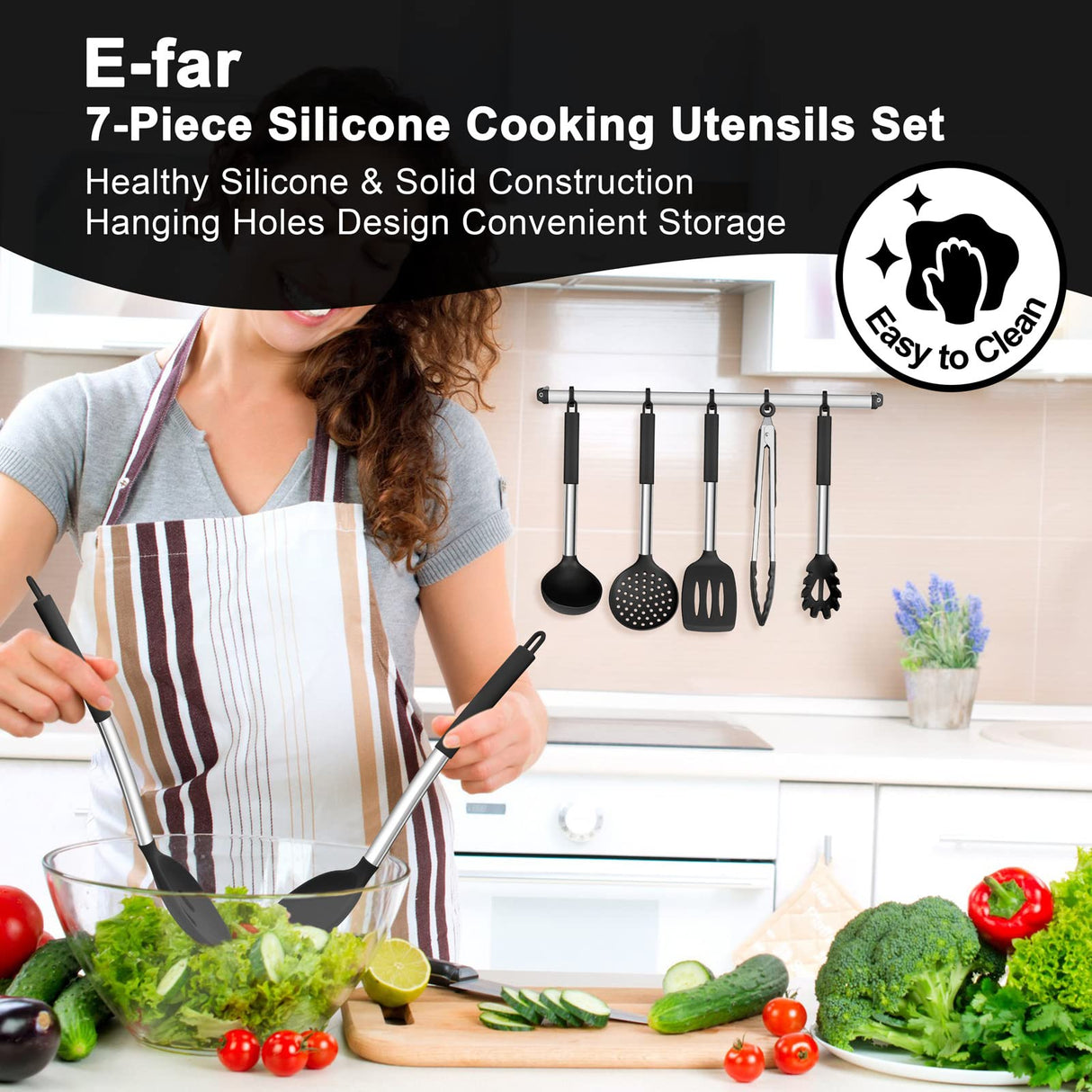 E-far Silicone Cooking Utensils Set, 7 Pcs Heat Resistant Kitchen Utensils with Stainless Steel Handle, Slotted Turner, Spoon, Soup Ladle, Pasta Server, Skimmer, Tongs for Nonstick Cookware, Black E-far