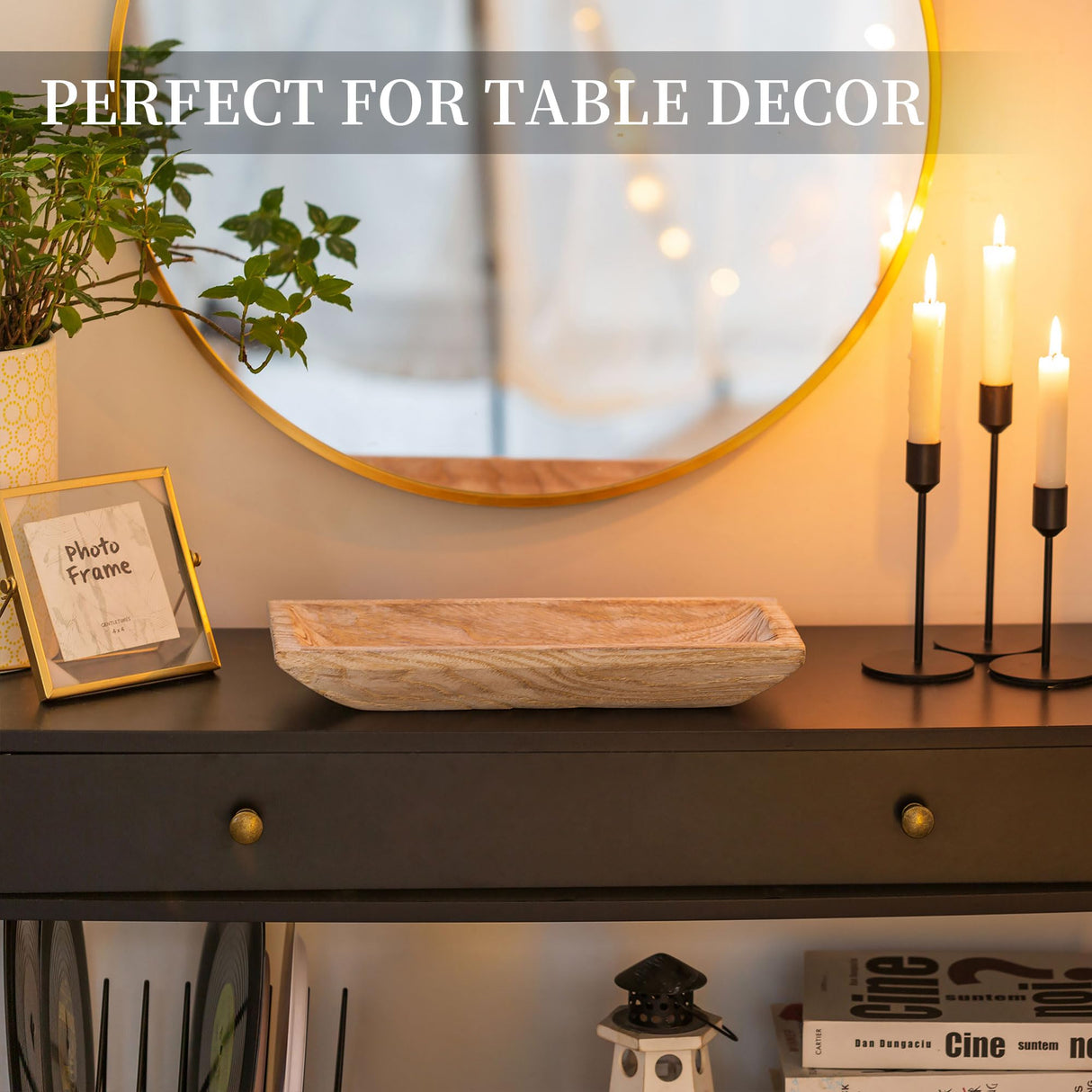 Hanobe Decorative Wood Dough Bowl: Long Wooden Centerpiece Table Decorations Natural Candle Holder Tray Decor Rustic Unfinished Trough Centerpieces for Dining Room Kitchen, White Hanobe