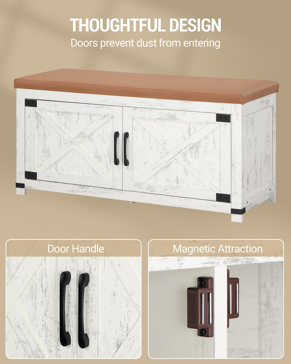 Hzuaneri Farmhouse Shoe Storage Bench, 2 Tier Shoe Bench with Padded Seat Cushion & 2 Barn Doors, Entryway Bench with Adjustable Shelf, Shoe Cabinet for Living Room, Bedroom, Antique White SB26614KA Hzuaneri