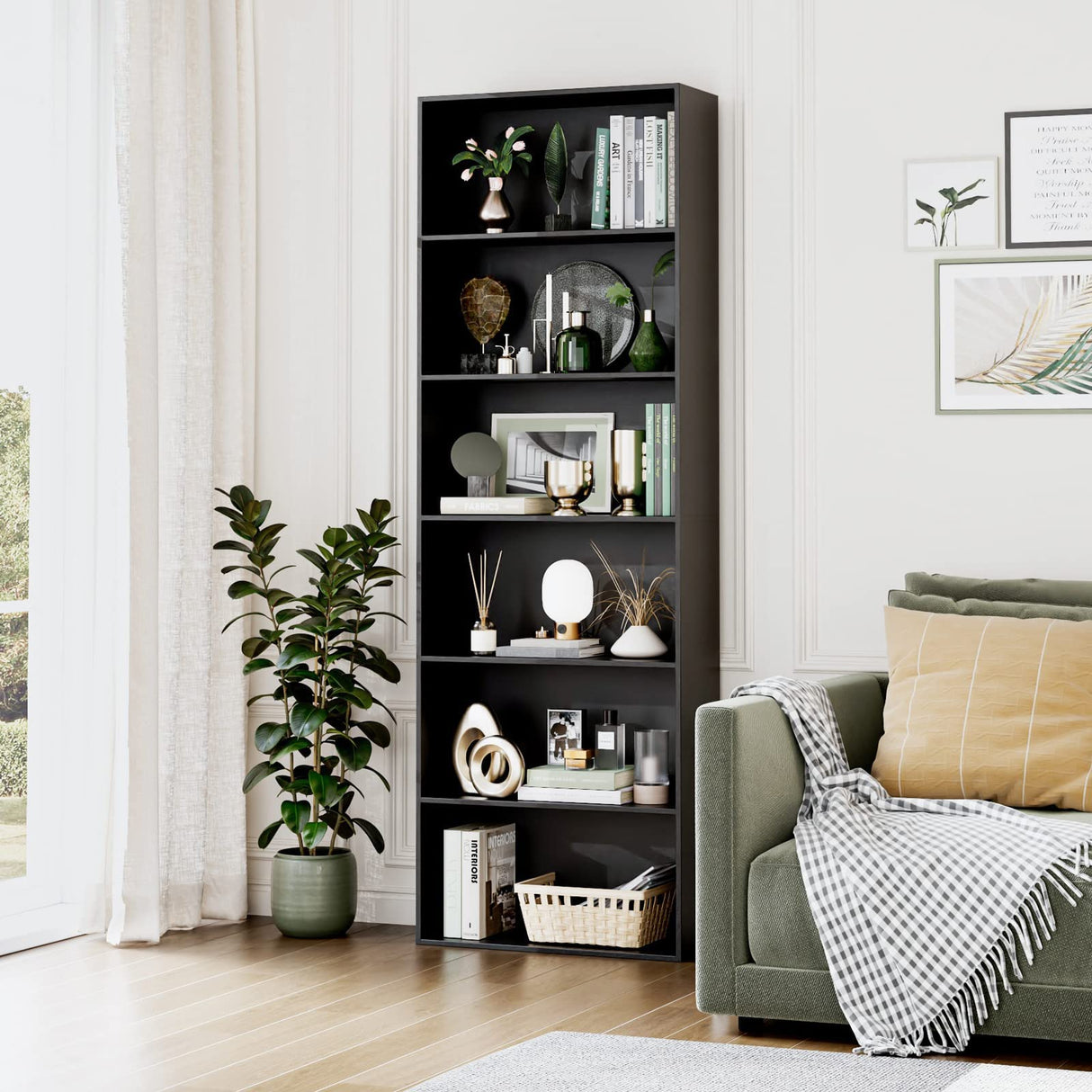 FOTOSOK 6-Tier Black Open Bookcase - Stylish Freestanding Display Storage for Home and Office FOTOSOK