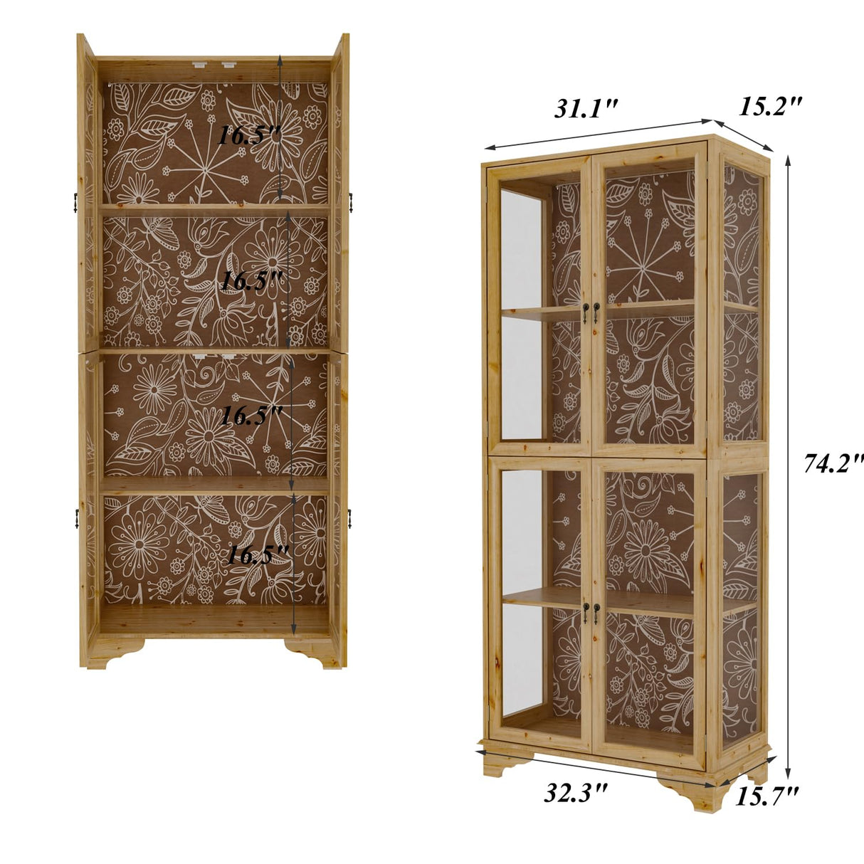 Hitow Glass Curio Cabinet Display Case with LED Light & 4 Doors, 4-Tier Flower-Patterned Glass Showcase Display Cabinet, 74.2" H Bookshelves and Bookcases for Living Room, Wood Grain Hitow