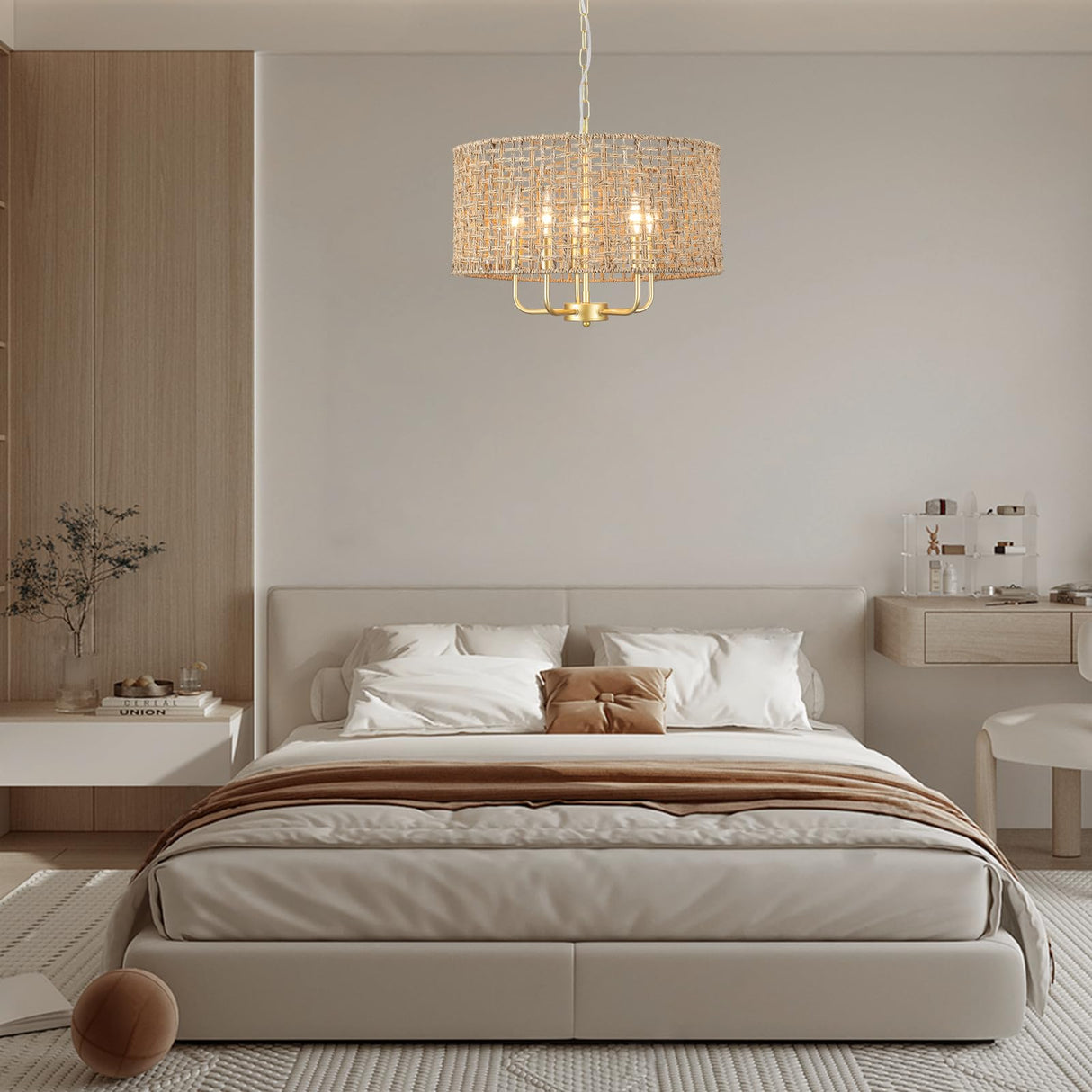 Rattan Woven Boho Chandelier Light Fixture for Dining Room 5 Light, 18.8'' Gold Hand Woven Drum Wicker Light Fixture Ceiling Hanging, Coastal Rattan Pendant Light for Living Room Entryway Bedroom Xurihuihuang