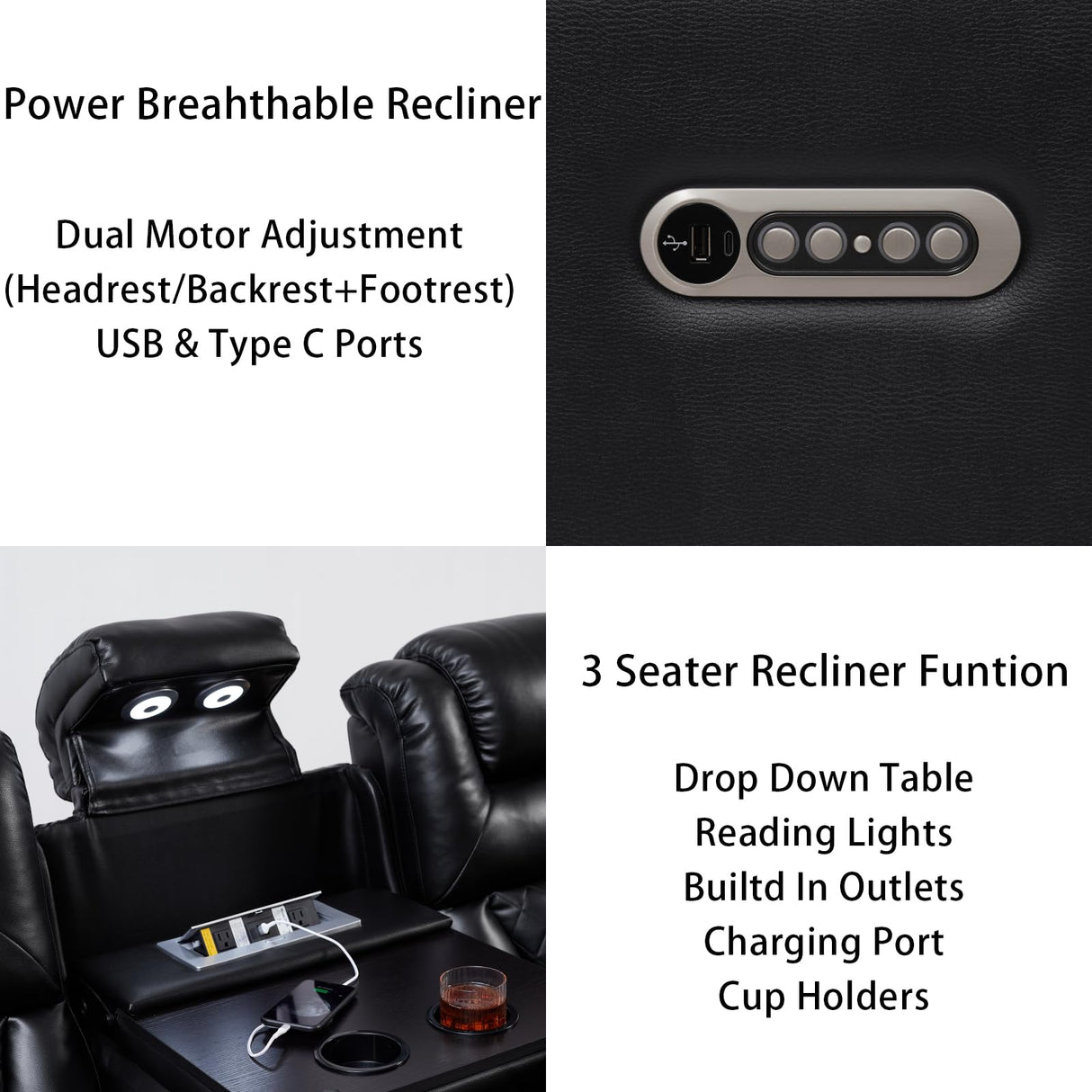 THSUPER Power Breathable Leather Reclining Sofa with LED Light, Home Theater Seating Recliner Couch with Adjustable Headrest/Reading Light/USB Port/Storage Arm/Drop Down Table for Living Room, Black THSUPER