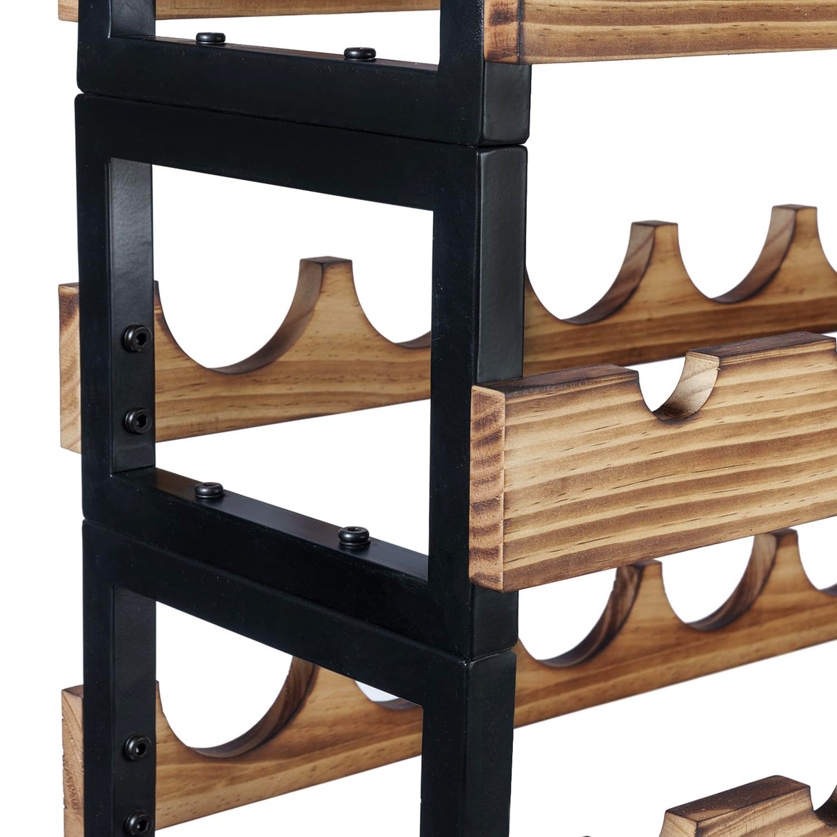 MyGift 6-Tier Freestanding Wine Bottle Rack with Burnt Solid Wood Shelf and Industrial Matte Black Metal Frame, Large Horizontal Wine Bar Storage Stand for 36 Bottles MyGift