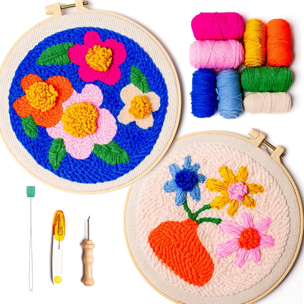 SPINNY Punch Needle Kit, Two Large Floral Designs w/ 2 Embroidery Hoops, Includes Beginner Video Tutorials and Instructions, Beginner Punch Stitch for Adults, Complete Kit for Crafters SPINNY