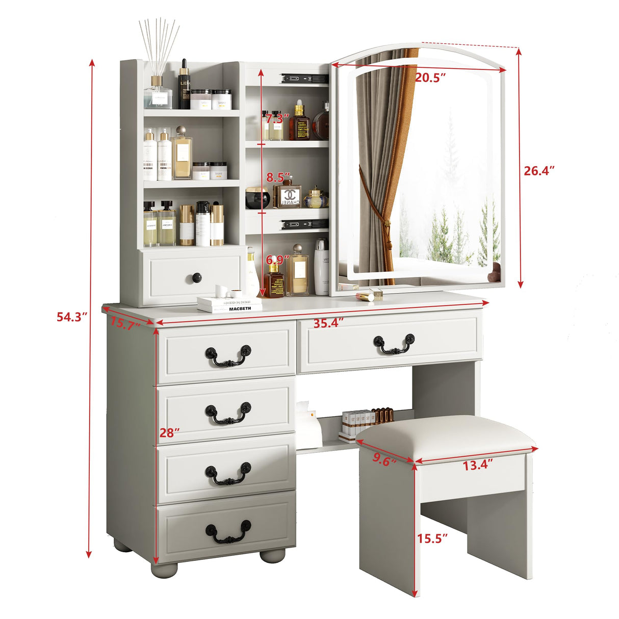 Leavader Vanity Desk Set with Lighted Mirror and Stool, Makeup Table with Sliding LED Lighted Mirror-3 Color Models, Makeup Desk with 6 Drawers & Shelves & Cushion Stool, Dressing Table for Home Apt Leavader