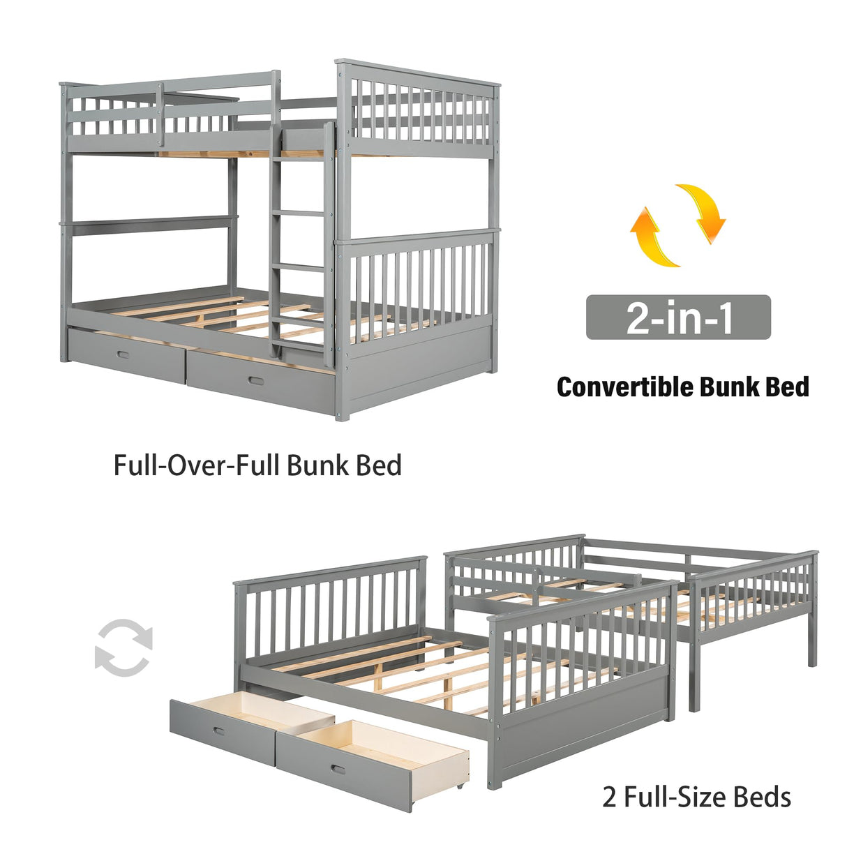 Merax Grey Solid Wood Convertible Bunk Bed with Storage Drawers and Ladders, Full Over Full Merax