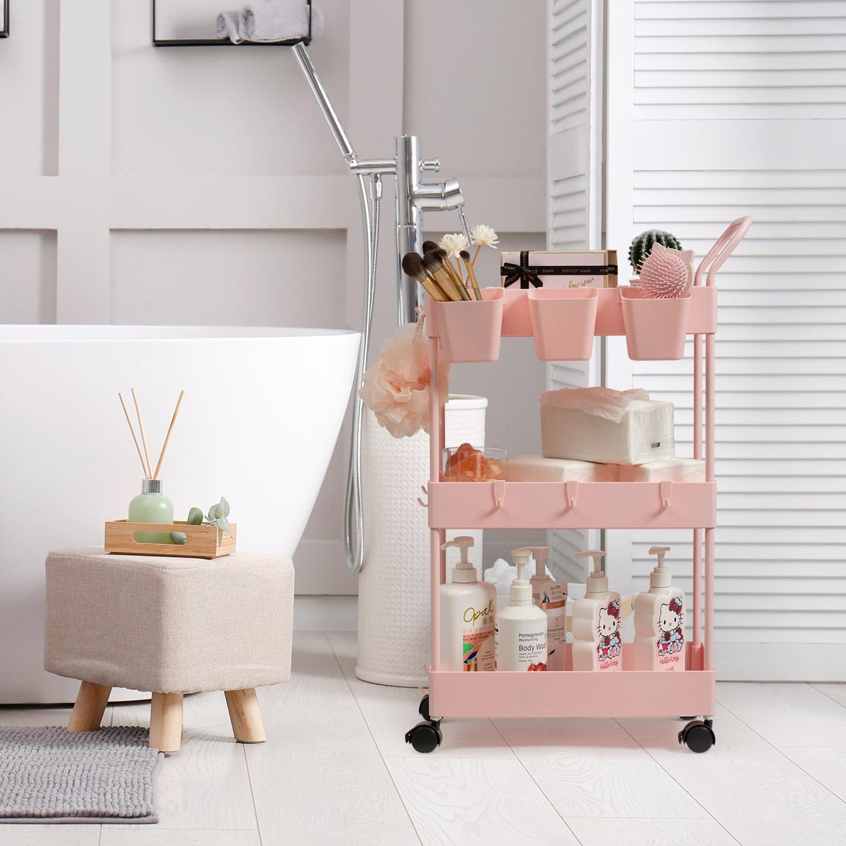 danpinera Slim Storage Cart, 3 Tier Narrow Rolling Cart on Wheels Bathroom Organizer Cart with Dividers Handle Hanging Cups Hooks for Laundry Room Kitchen Small Spaces, Pink danpinera