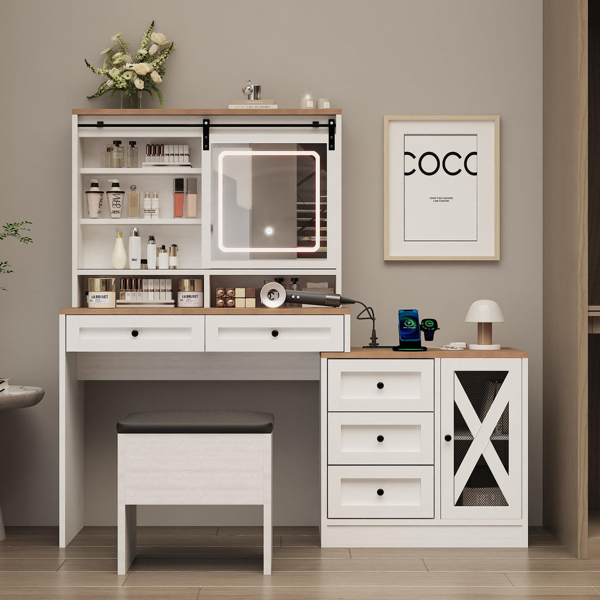 amzzar Farmhouse Vanity Desk with Sliding Lighted Mirror, White Makeup Vanity Table with Drawers and Side Storage, Large Dressing Table Vanity Set with Stool and Charging Station for Bedroom amzzar