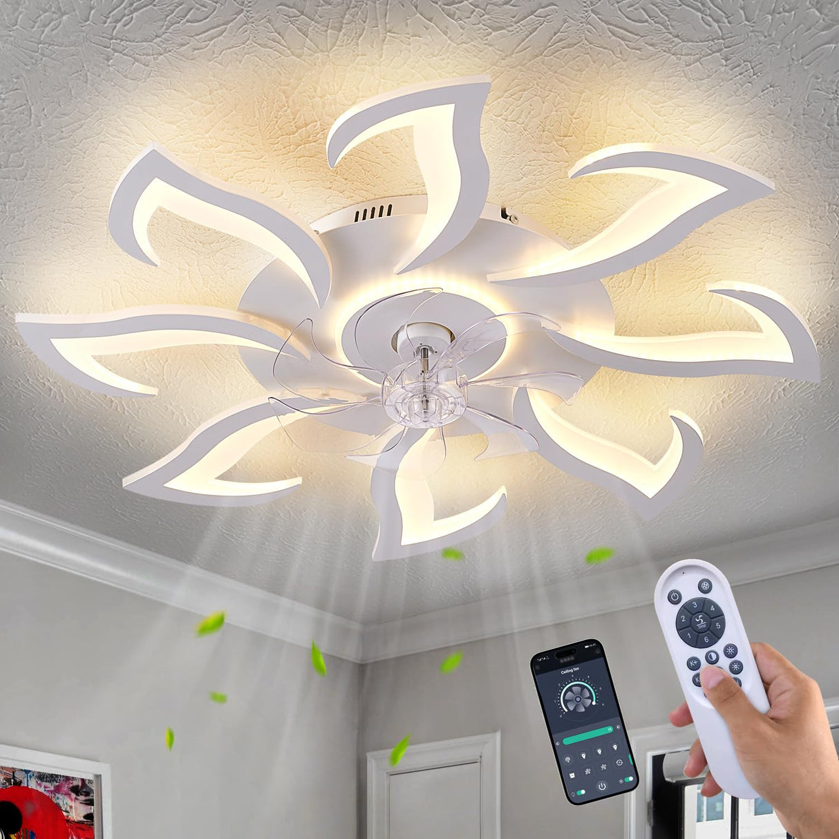 Malnutcolor Modern Low Profile 36 Inch White Flush Mount Ceiling Fan with 3 Light Color 6 Speeds, Fandelier for Living Room Yfrest