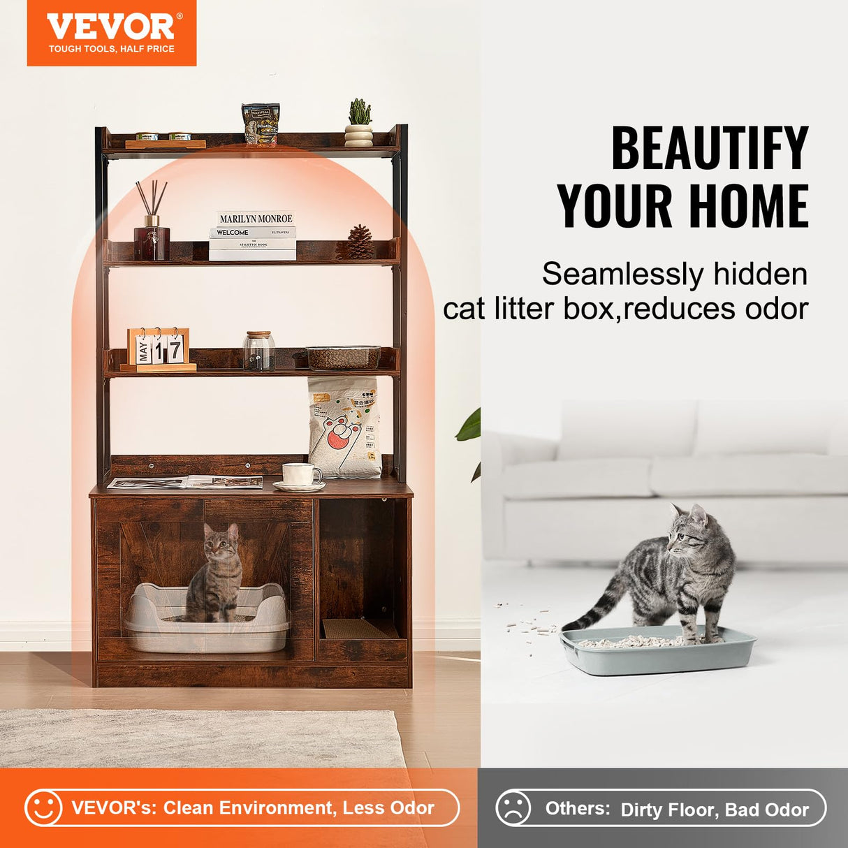 VEVOR Cat Litter Box Enclosure, Hidden Litter Box Furniture with 3 Storage Shelves, Wooden Cat Washroom Indoor, Large Cat House Cabinet Hidden Fit Most Litter Box, 33.5"L x 19.3"W x 58.7"H, Dark Brown VEVOR