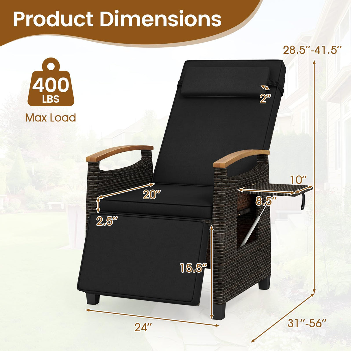 HAPPYGRILL Outdoor Rattan Wicker Chaise Lounge Recliner Chair with Adjustable Backrest & Footrest, Push Back Outside Seat w/Cushion & Flip Table for Backyard, Porch, Balcony (Black,1) HAPPYGRILL