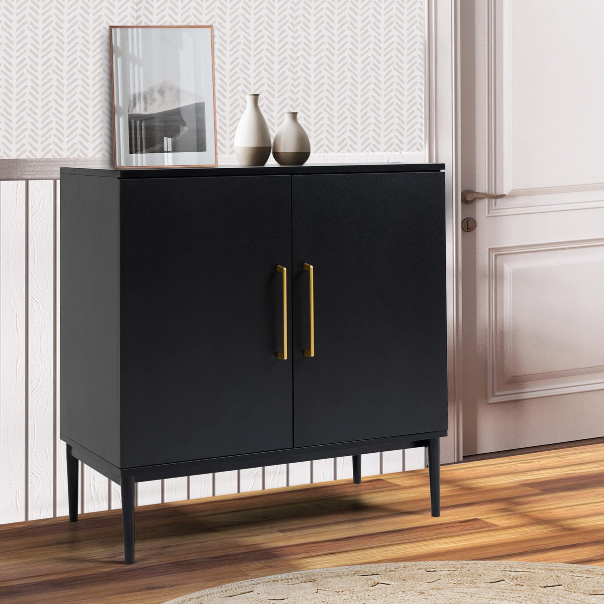 KFO Storage Cabinet with Doors, Black Accent Cabinet, Modern Free Standing Cabinet, Black Sideboard with Metal Base for Bedroom, Living Room, Kitchen and Office KFO