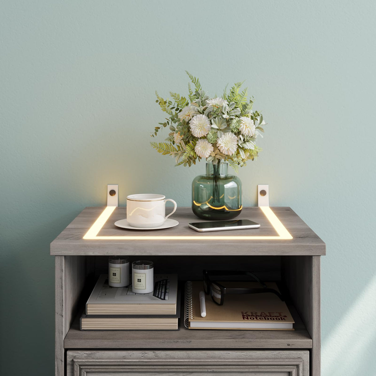 Nightstand with Strip Lights Set of 2, Night Stand with Drawers, Accent Bed Side Table and End Table with Open Storage for Bedroom, Living Room,Gray LGHM