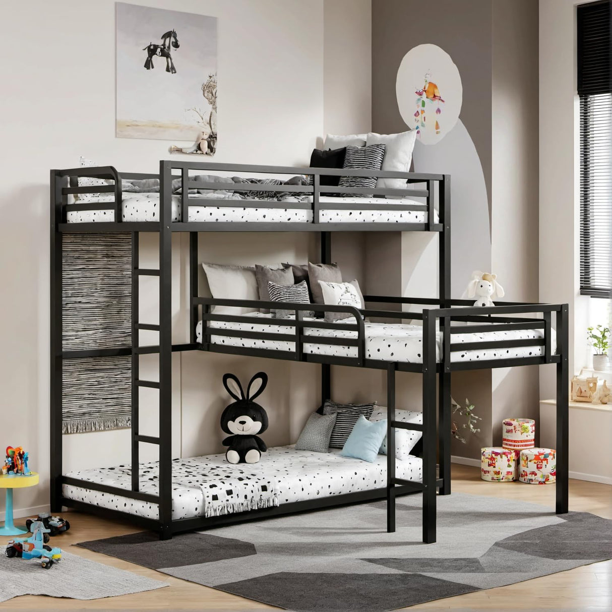 PVWIIK Full Triple Bunk Bed with Side Ladder & Guardrails for Dorm,Bedroom,Guest Room,Metal Full Triple Bunk Bed for Adult,Kids,Reinforcement Design,Space Saving Design,No Box Spring Needed, Black PVWIIK