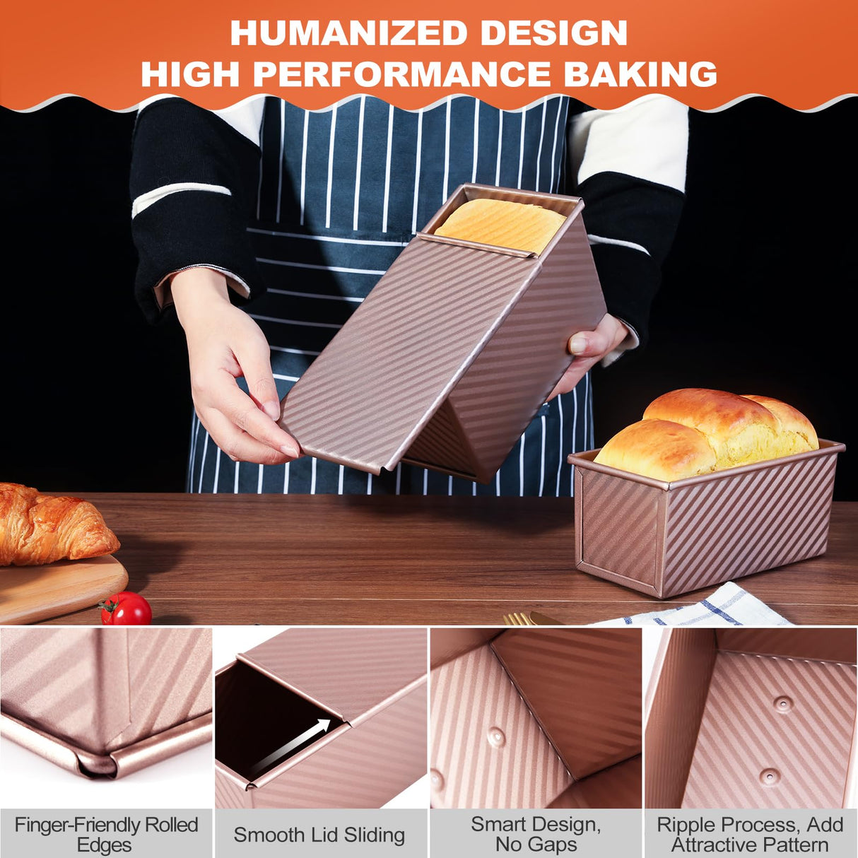 Pavsrmy 2 Pack Pullman Loaf Pan with Lid, 1 lb/0.5 lb Dough Capacity, Premium Non-Stick Sandwich Bread Loaf Pan with Lid, Carbon Steel Corrugated Bread Toast Box Mold with Cover for Baking Pavsrmy