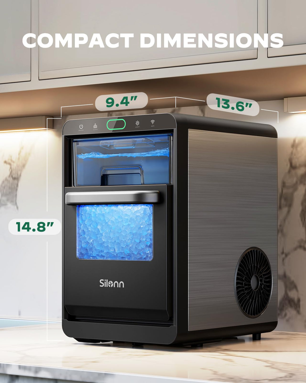Nugget Ice Maker Countertop - Silonn Smart Pebble Ice Machine, Pellet Ice 44 lbs per Day, Crushed Ice from Timer Function and Status Alerts with Silonn App, Stainless Steel Silonn