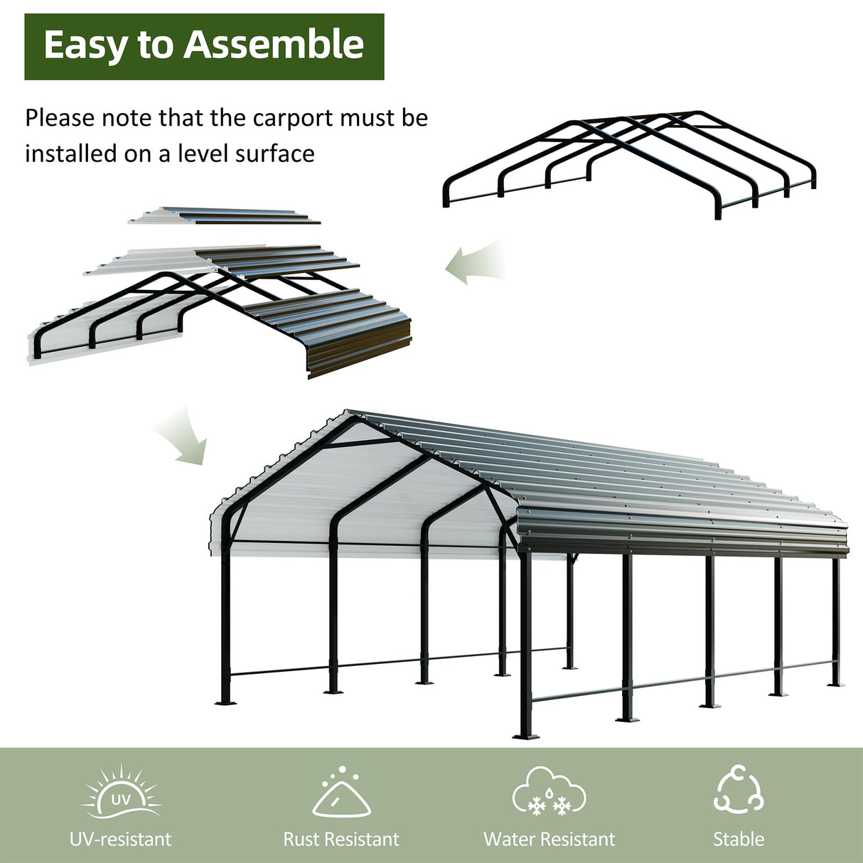 JAMFLY 12X20 FT Metal Carport, Heavy Duty Carport Canopy with Galvanized Steel Roof and Frame, Metal Car Garage Upgraded Extra Large Garage for Pickup, Boat, Car and Tractors (12 * 20 FT) JAMFLY