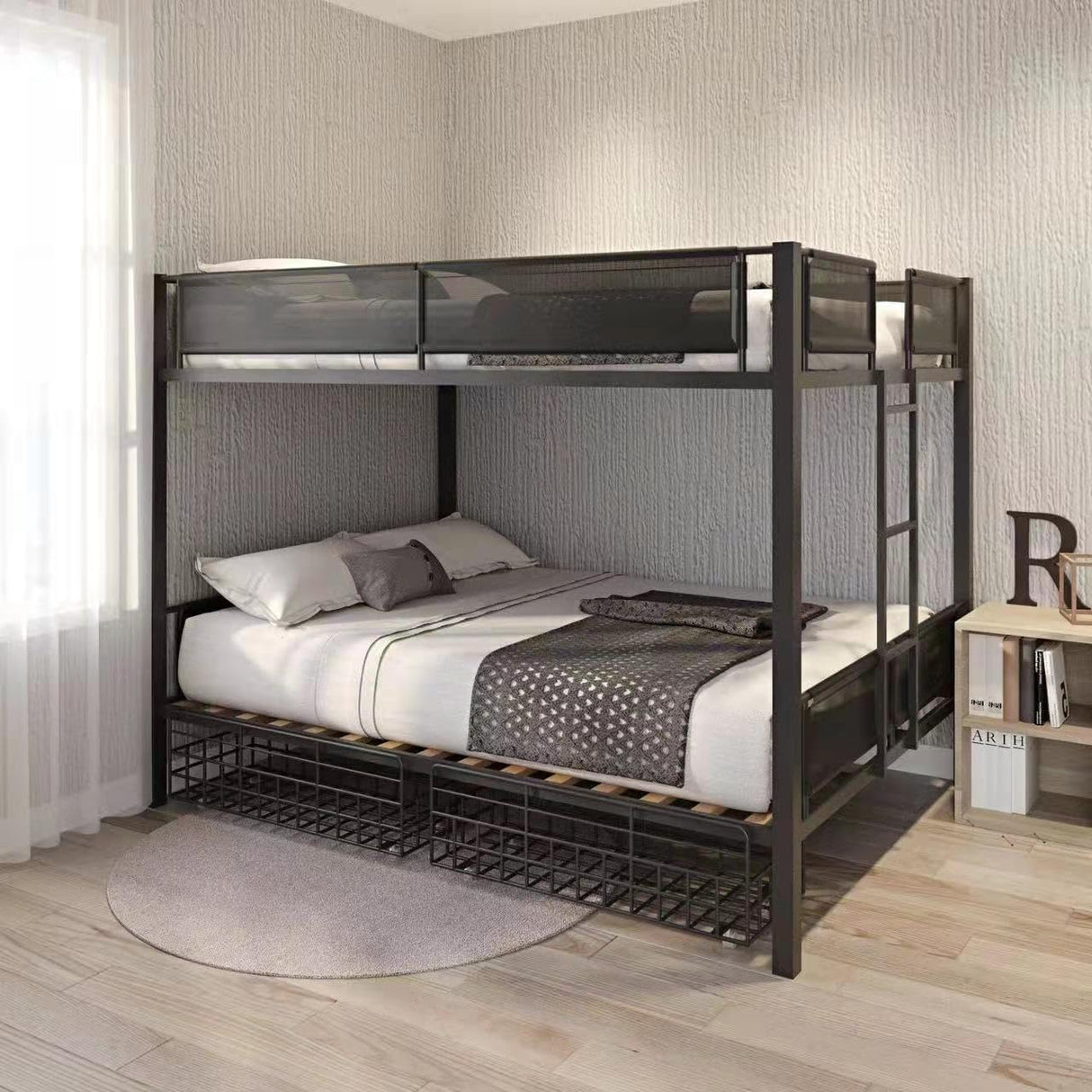 ATY Queen Over Queen Metal Bunk Bed with Two Storage Drawers, Sturdy Bedframe w/Wood Slat Support and Guardrails, Space Saving Design & No Box Spring Needed,Perfect for Dorm,Bedroom,Guest Room, Black ATY