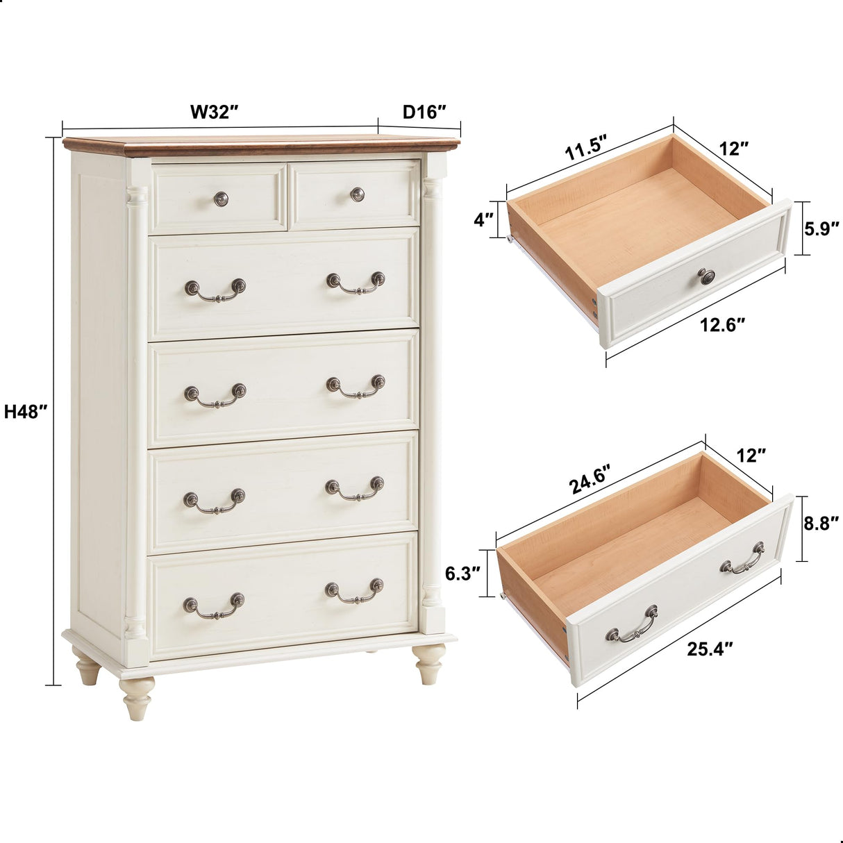 T4TREAM Farmhouse 6 Drawers Dresser Chests for Bedroom w/4 Solid Wood Feet &Column Decor, Tall Wood Rustic Chest of Drawers, Storage Dressers Organizer for Bedroom, Living Room, Nursery, Antique White T4TREAM
