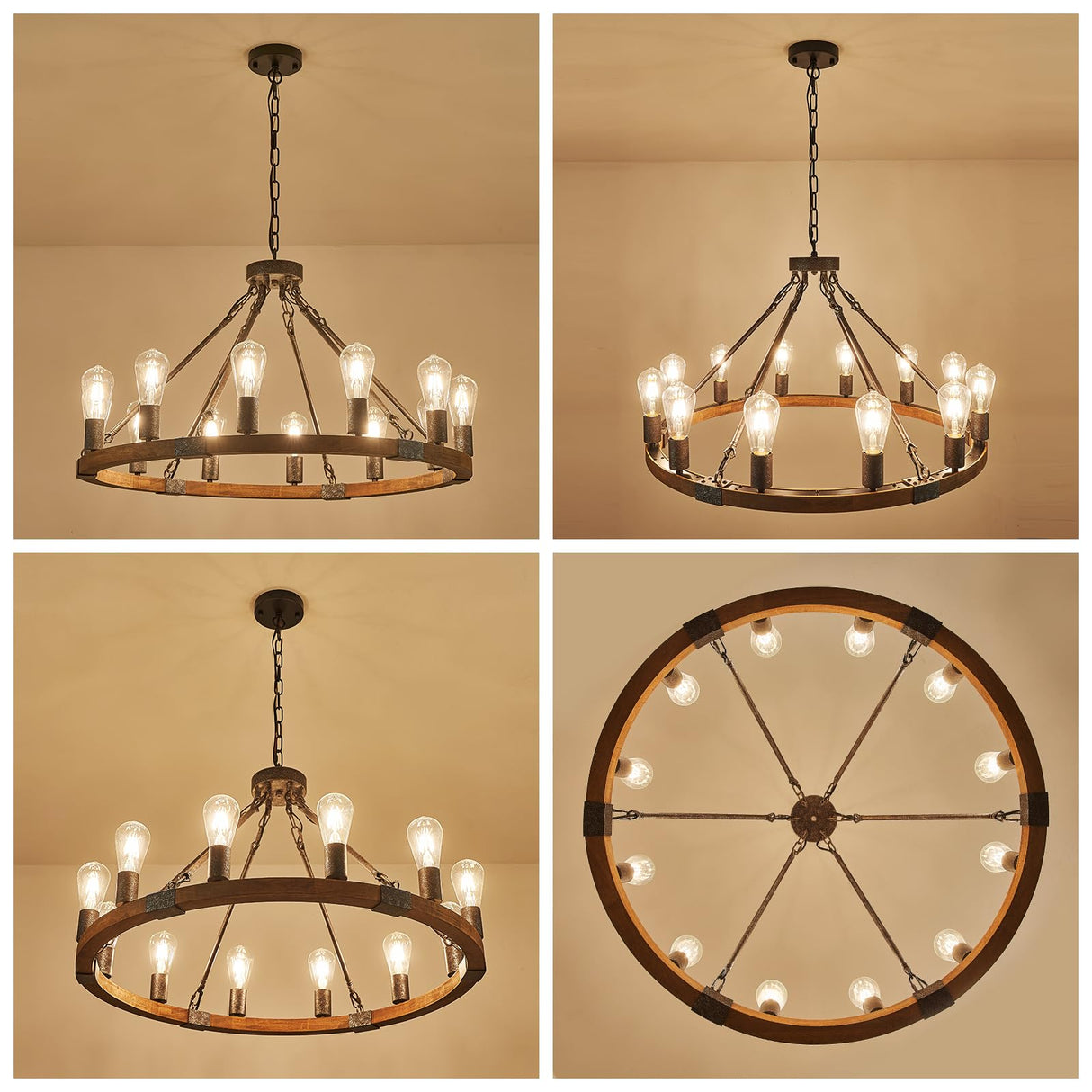 Benkut Farmhouse Wagon Wheel Chandelier 31" Black Rustic Light Fixtures 12-Light Wood Round Chandelier for Dining Room Living Room Entryway Foyer Benkut