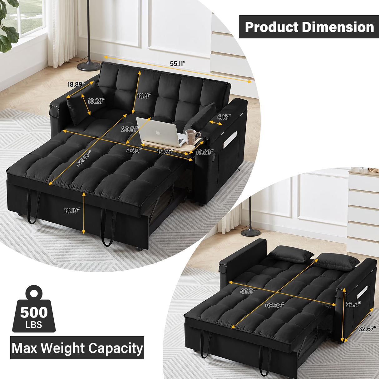 Convertible Sofa Bed,3-in-1 Velvet Sleeper Couch Pull-Out Bed,55'' Loveseat Sleeper Sofa Bed with Adjustable Backrest with 2 Pillows and Storage Bag & USB Port and Hidden Side Computer Table,Black WIIS' IDEA