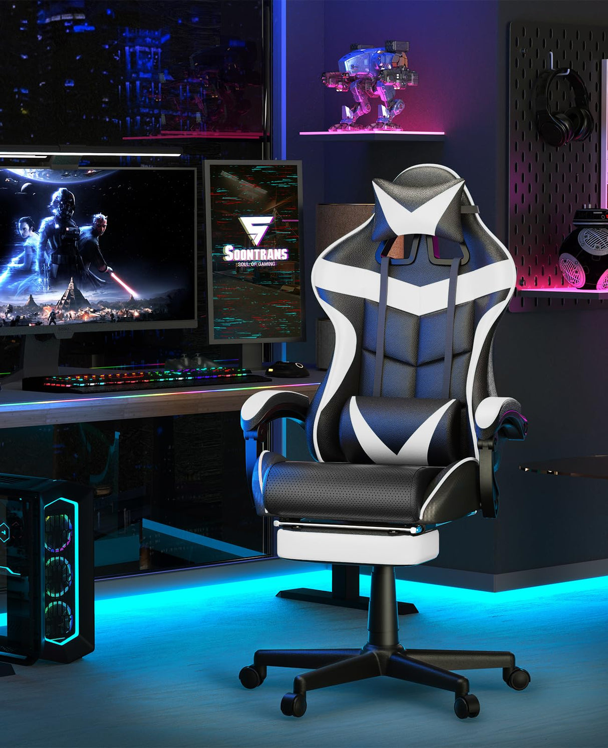 Soontrans White Gaming Chairs with Footrest, Video Game Chairs for Adults Teens,Ergonomic Gamer Chair with Headrest, Lumbar Support Adjustable Recliner Chair(Polar White) Soontrans