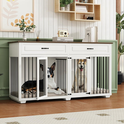 DAWNSPACES Furniture Style Dog Crate, 72" Large Wooden Dog Kennel with Drawers & Divider, Heavy Duty Indoor Dog Cage with Double Rooms for Large Medium Small Dogs, White
